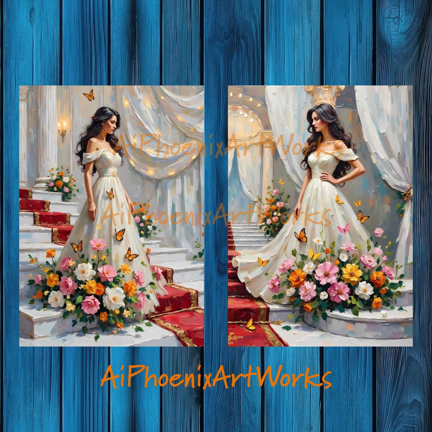 Floral Gown Art Prints: Garden Staircase Fairytale Fashion - Set of 2