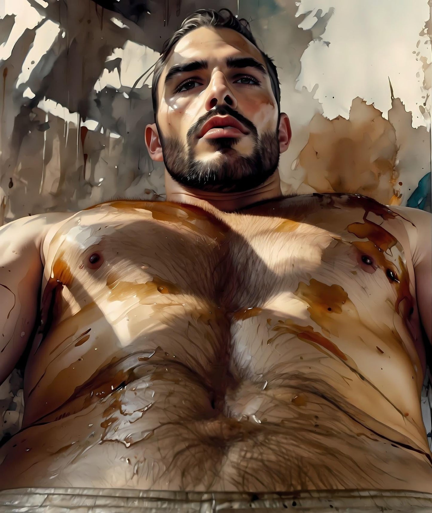 Sensual Bearded Man Art Print | Watercolor Male Torso Portrait | Digital Download | LGBTQ Figurative Wall Decor