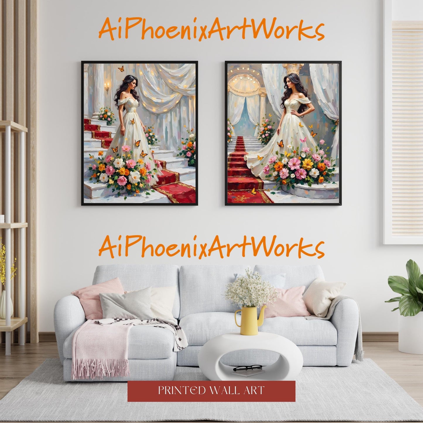Floral Gown Art Prints: Garden Staircase Fairytale Fashion - Set of 2
