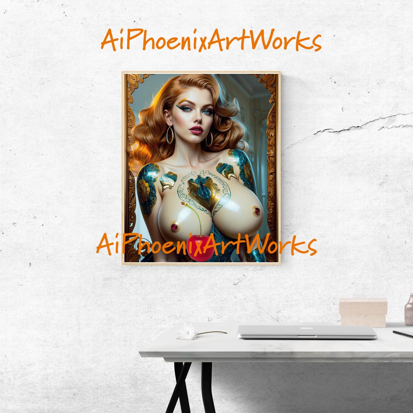 Cyborg Steampunk Woman Art Print | Futuristic Pin-Up Wall Decor | Digital Download PDF | AiPhoenixArtWorks