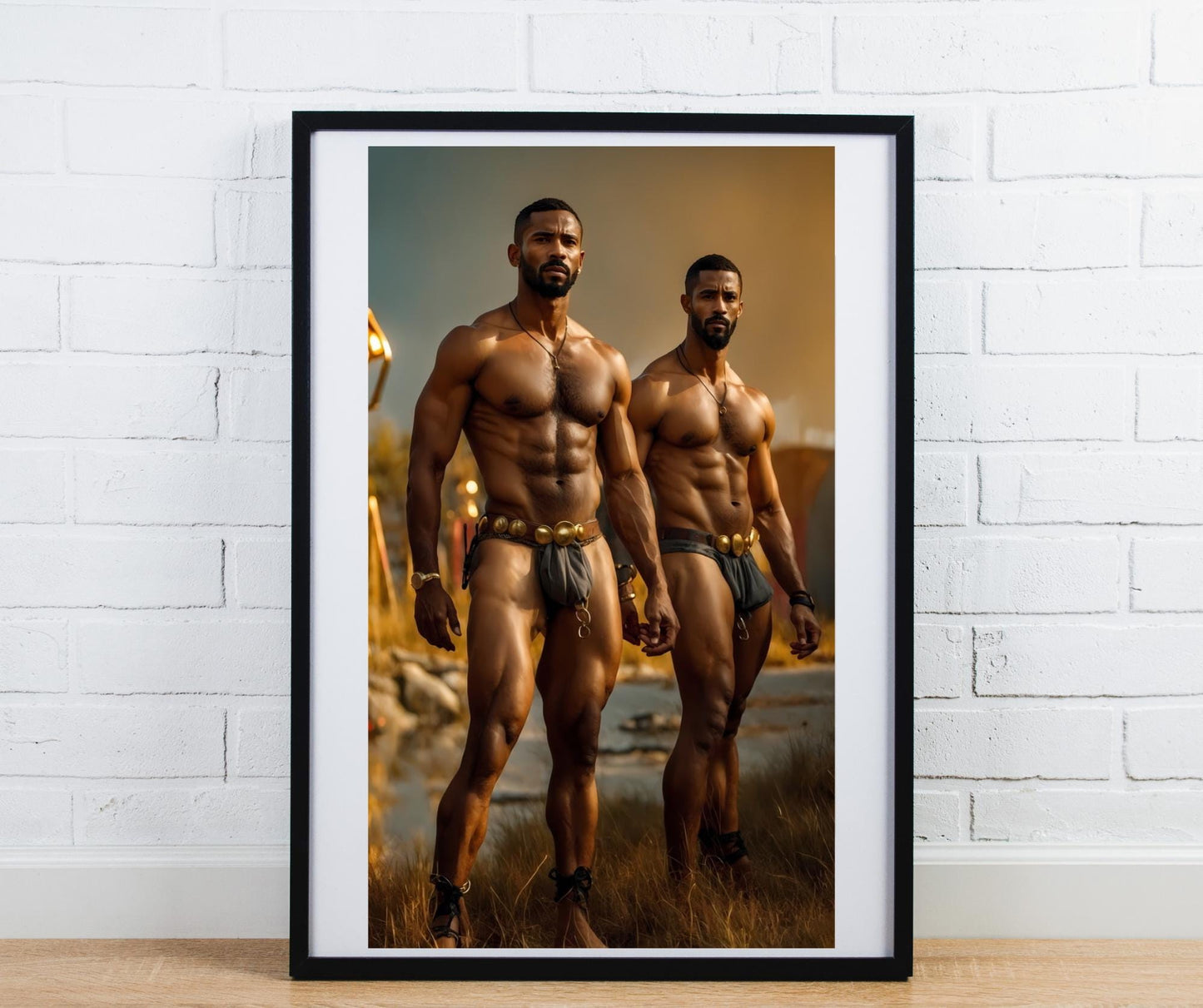Black Male Warrior Art PRINT | Erotic Fantasy Poster | Ancient Strength & Brotherhood | AiPhoenixArtWorks