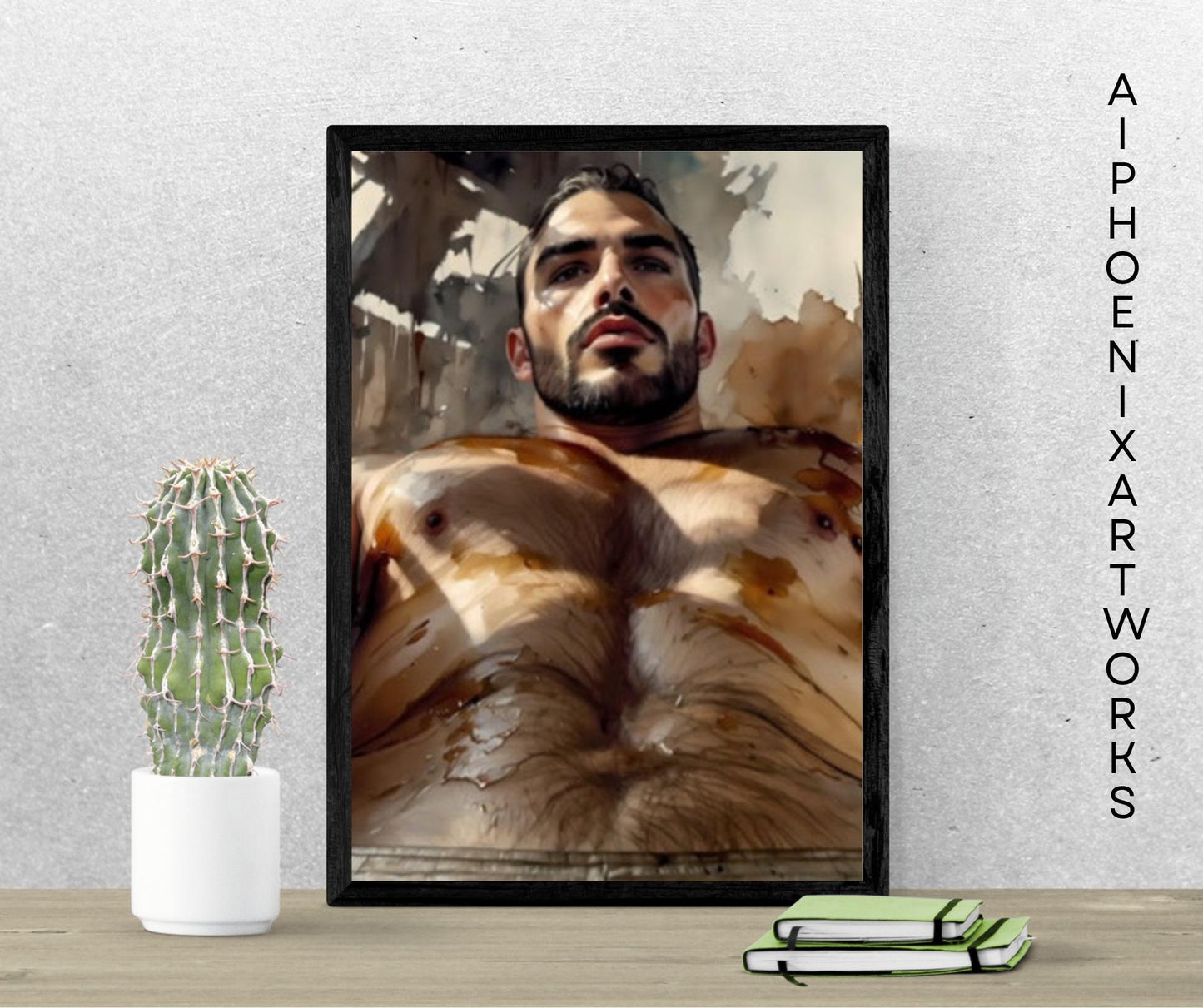 Sensual Bearded Man Art Print | Watercolor Male Torso Portrait | Digital Download | LGBTQ Figurative Wall Decor