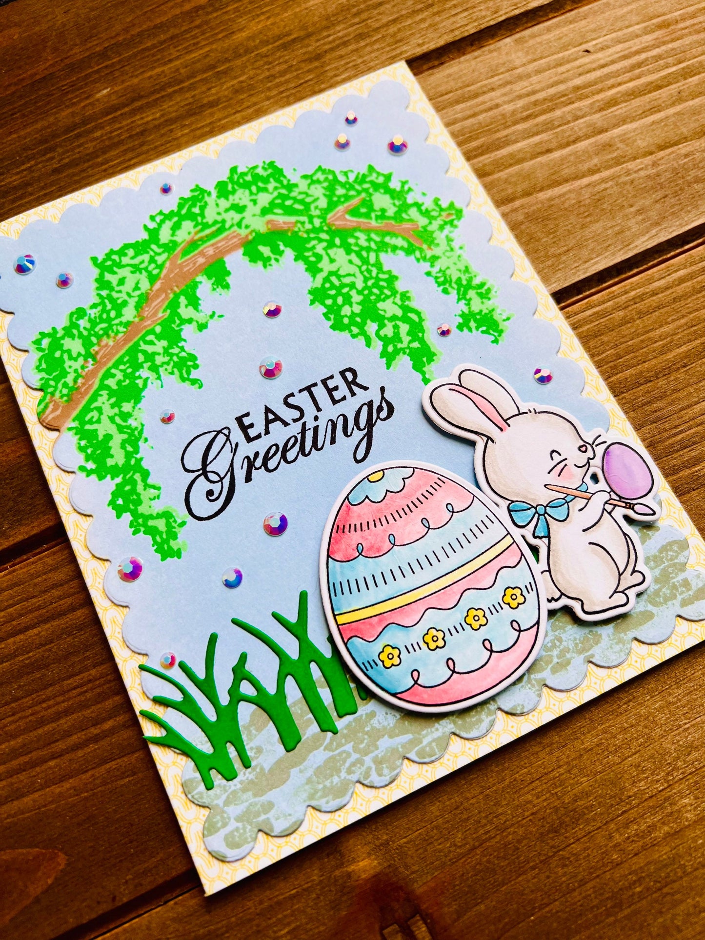 Arched Tree & Bunny Design Easter Egg Greeting Card - Celebrate Spring with Unique Handcrafted Holiday Wishes