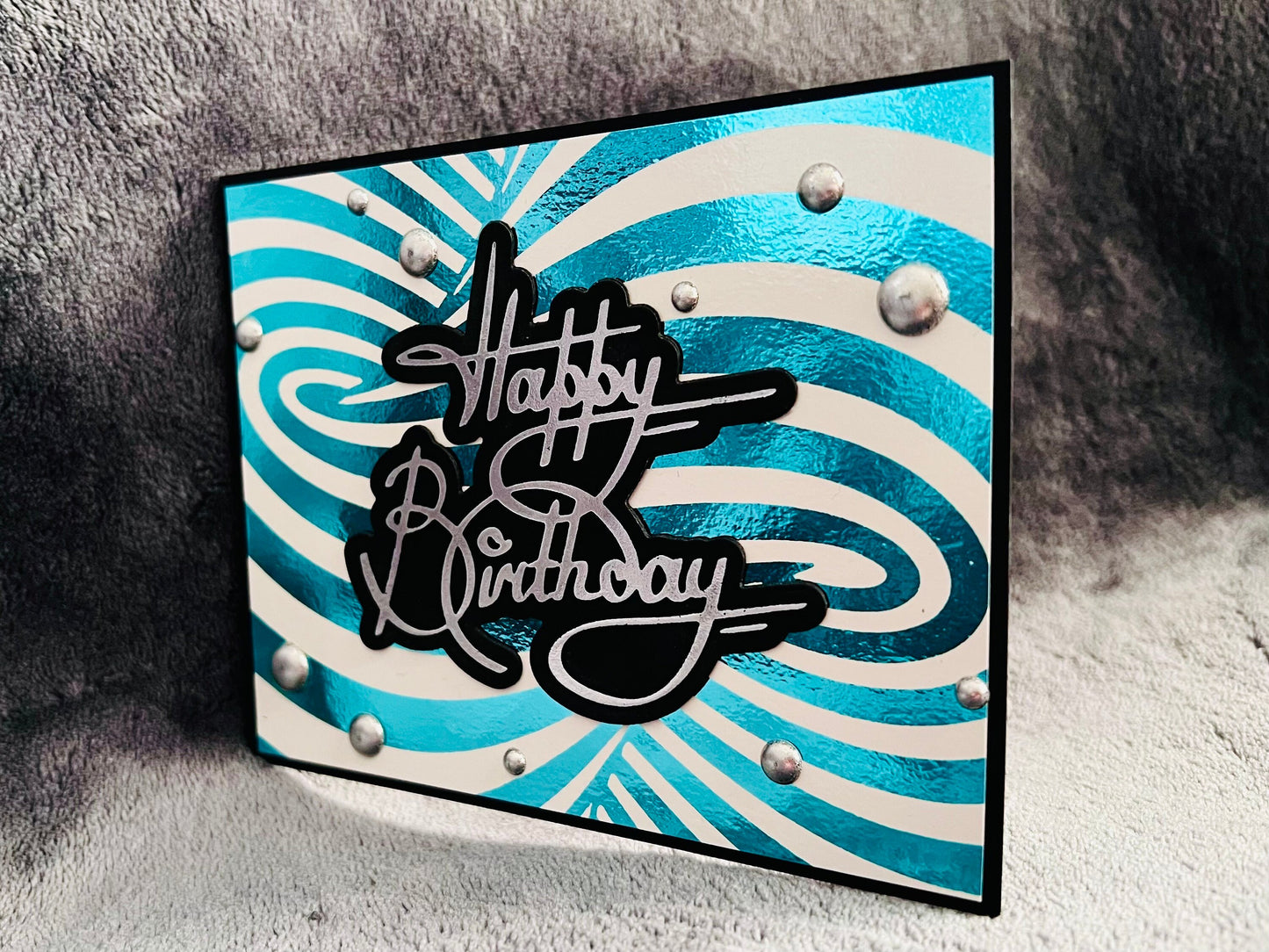 Aqua Foiled Twisted Illusion Birthday Card (White Bkgrd.)
