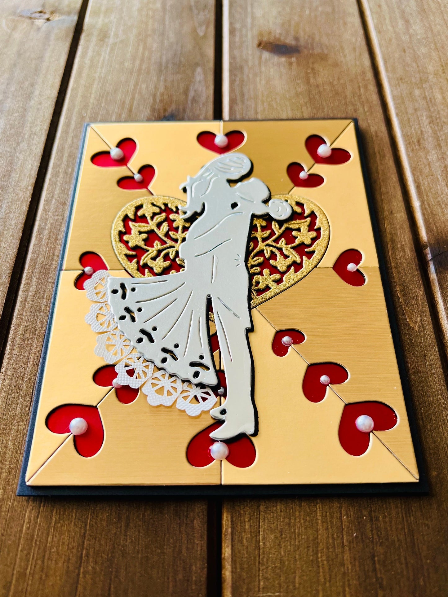 Silver Bride/Groom Silhouette on Gold Heart Cutout Background Blank Wedding Card