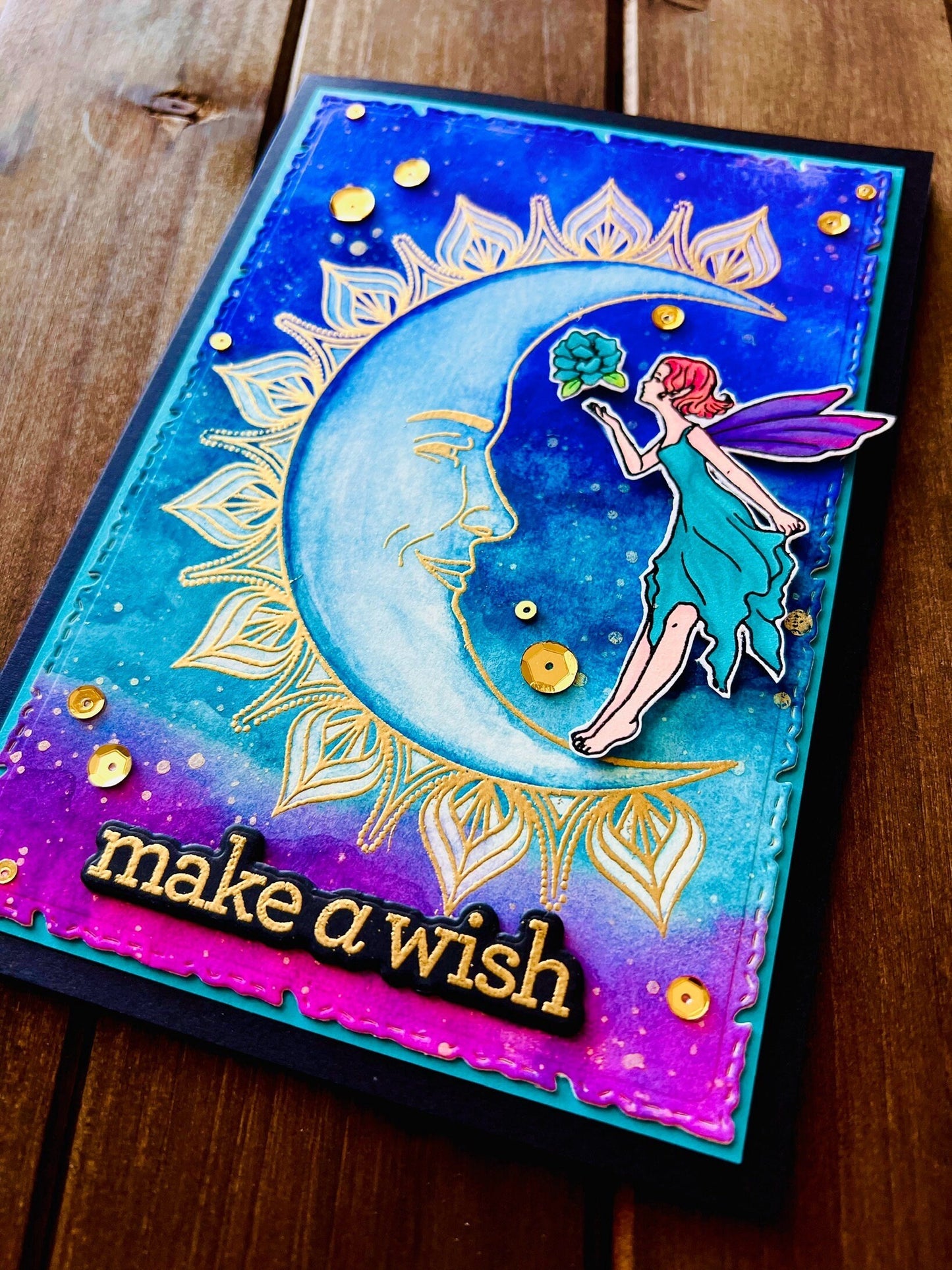 Moon Fairy Make a Wish Watercolored Sky Background Card