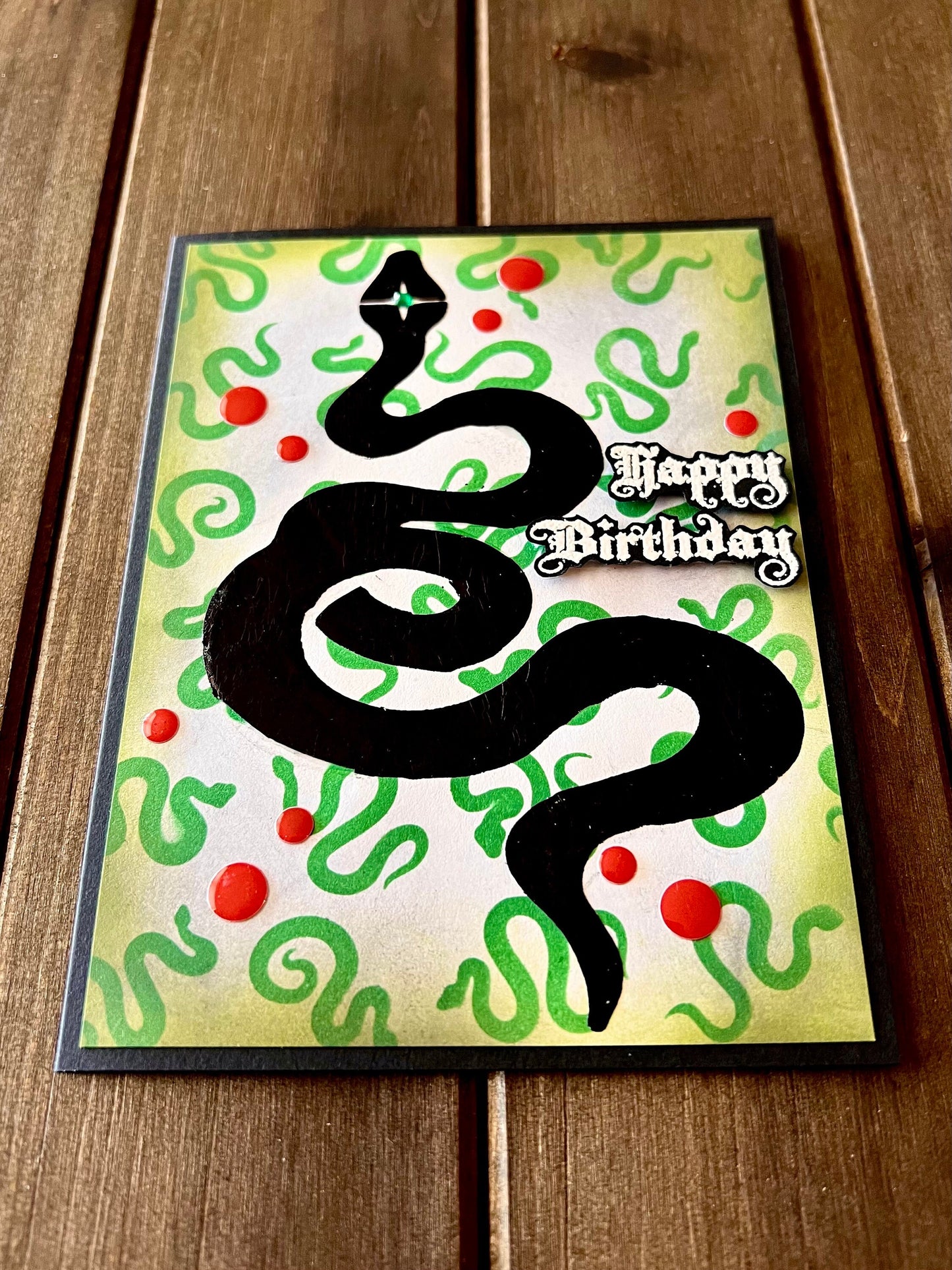 Black Foiled Serpent with Small Green Serpent Background Birthday Card