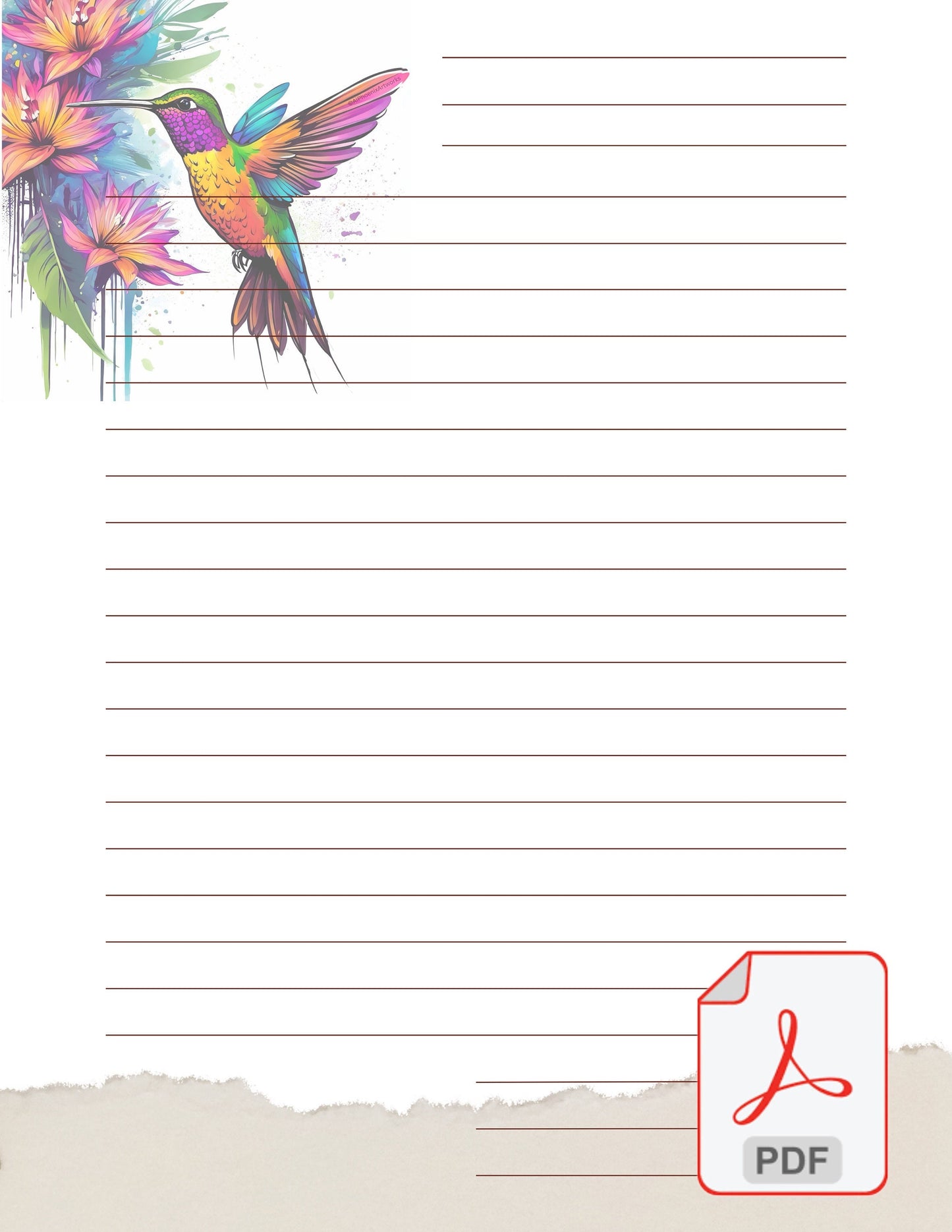 Hummingbird Artistic Paint Drip Design by AiPhoenixArtworks Stationery (3 pcs set) - Printable Digital PDF