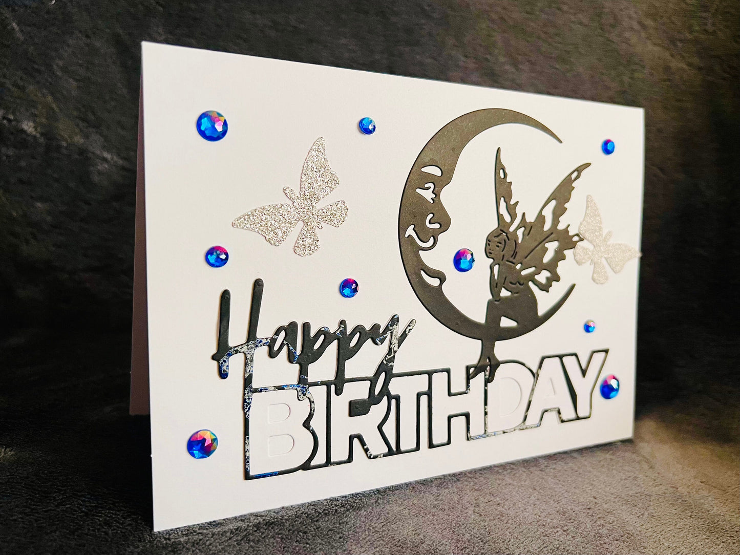 Black Moon Fairy Silhouette with Silver Glitter Butterflies Birthday Card