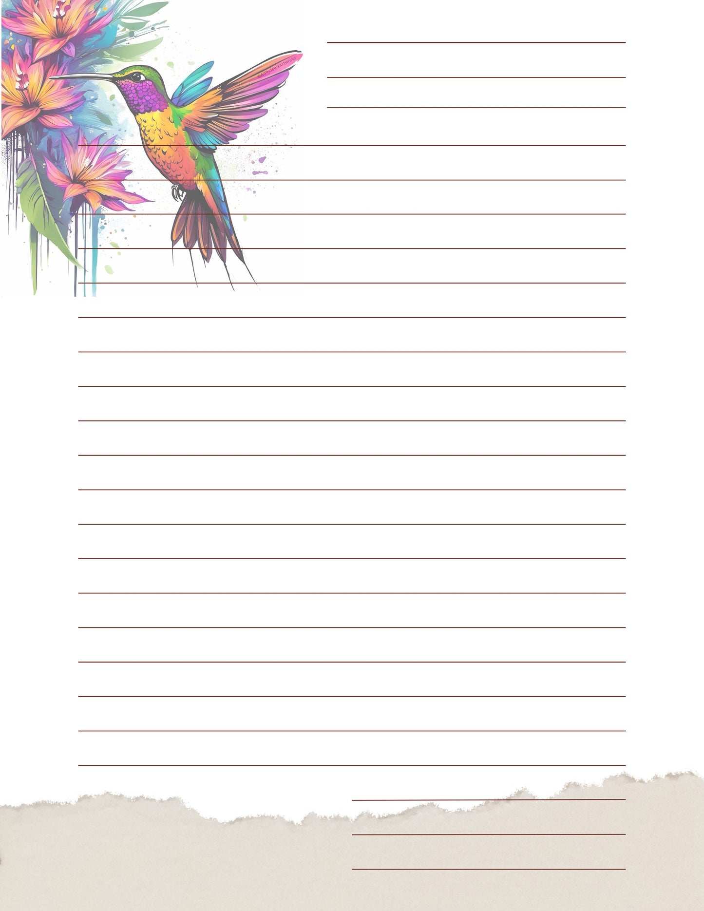 Hummingbird Artistic Paint Drip Design by AiPhoenixArtworks Stationery (3 pcs set) - Printable Digital PDF