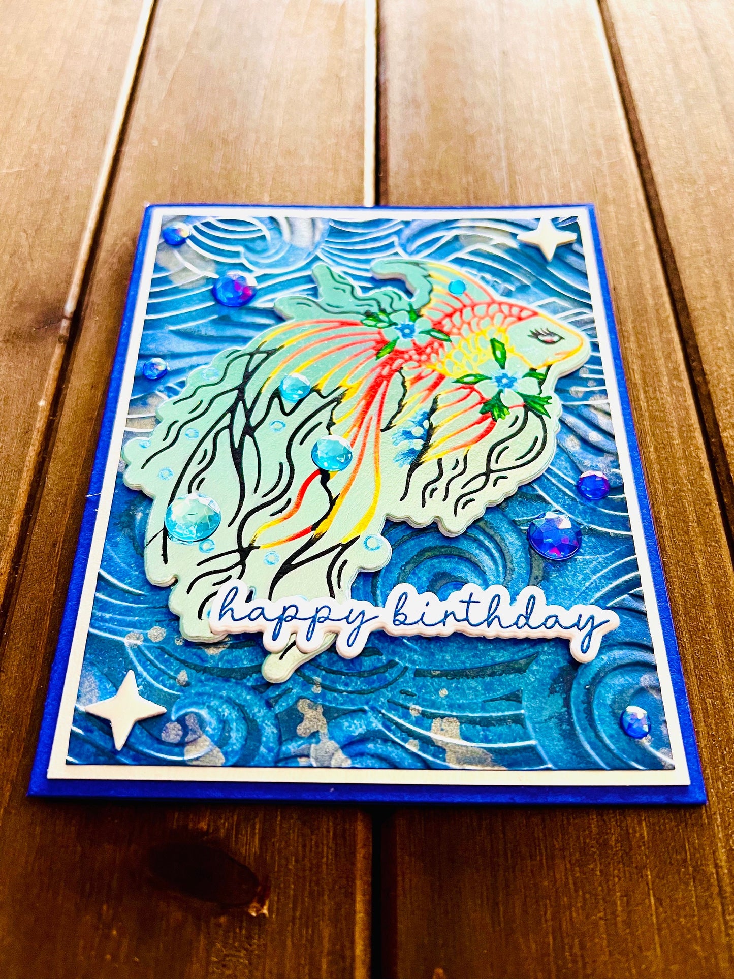 Outlined Orange and Yellow Betta Fish with Wave Background Birthday Card