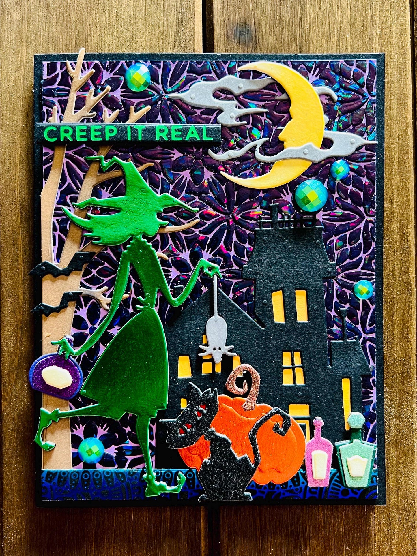 Green Witch Silhouette and Haunted Mansion Halloween Card