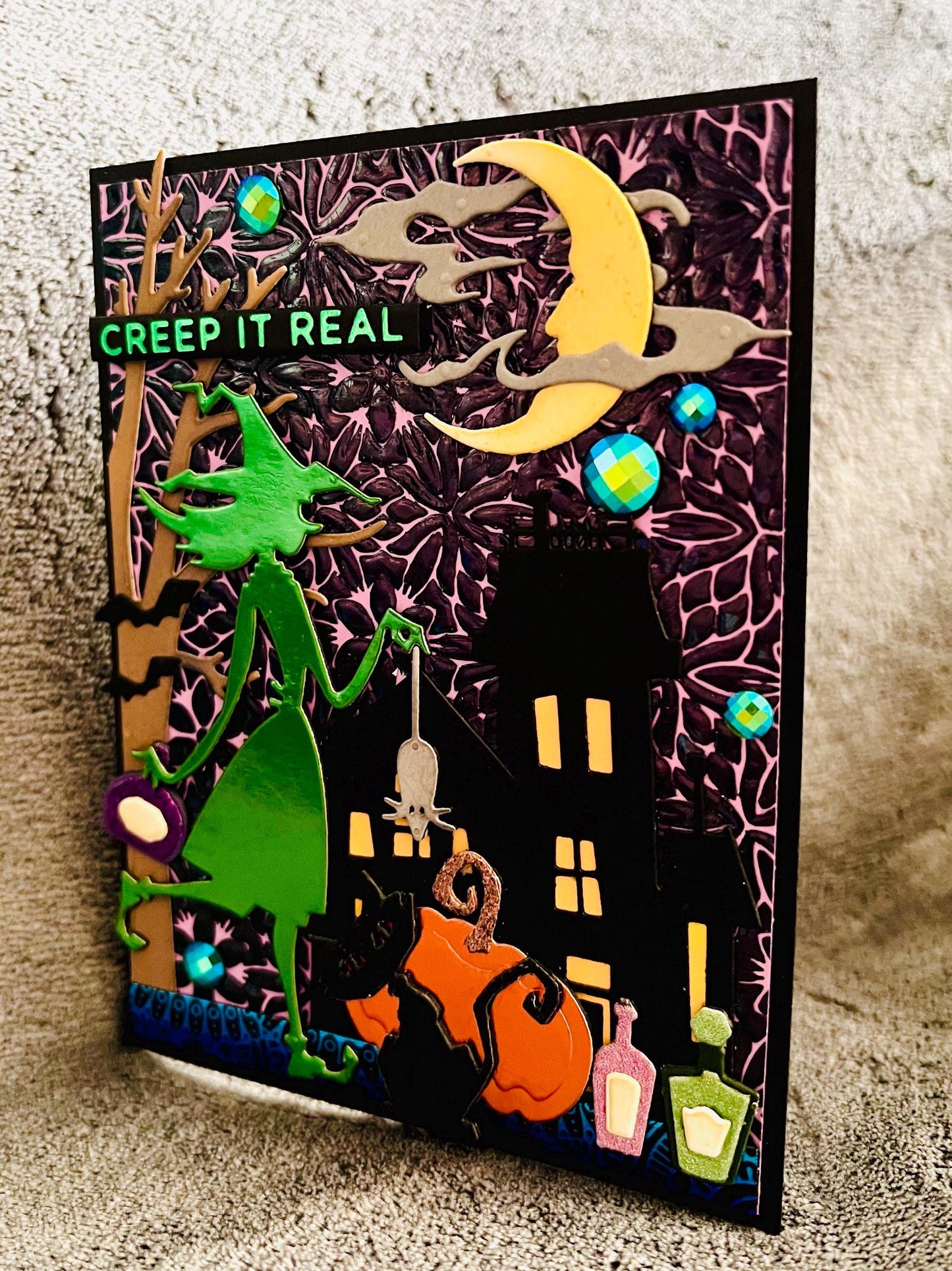 Green Witch Silhouette and Haunted Mansion Halloween Card