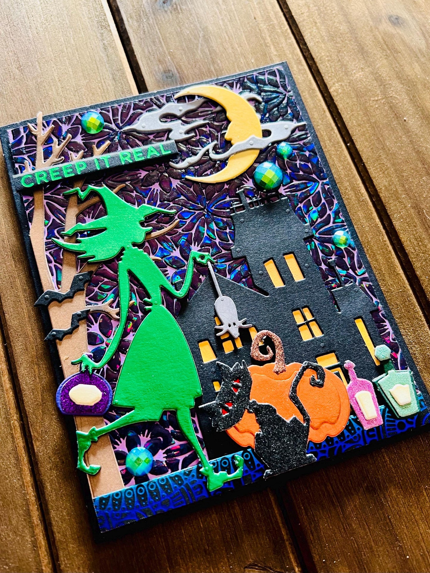 Green Witch Silhouette and Haunted Mansion Halloween Card