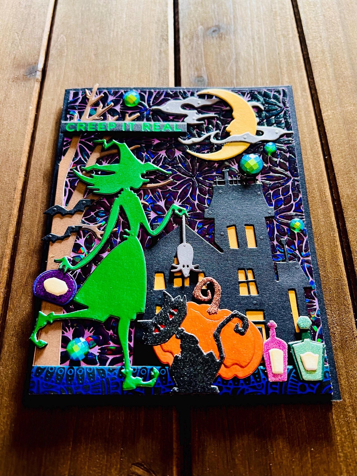 Green Witch Silhouette and Haunted Mansion Halloween Card