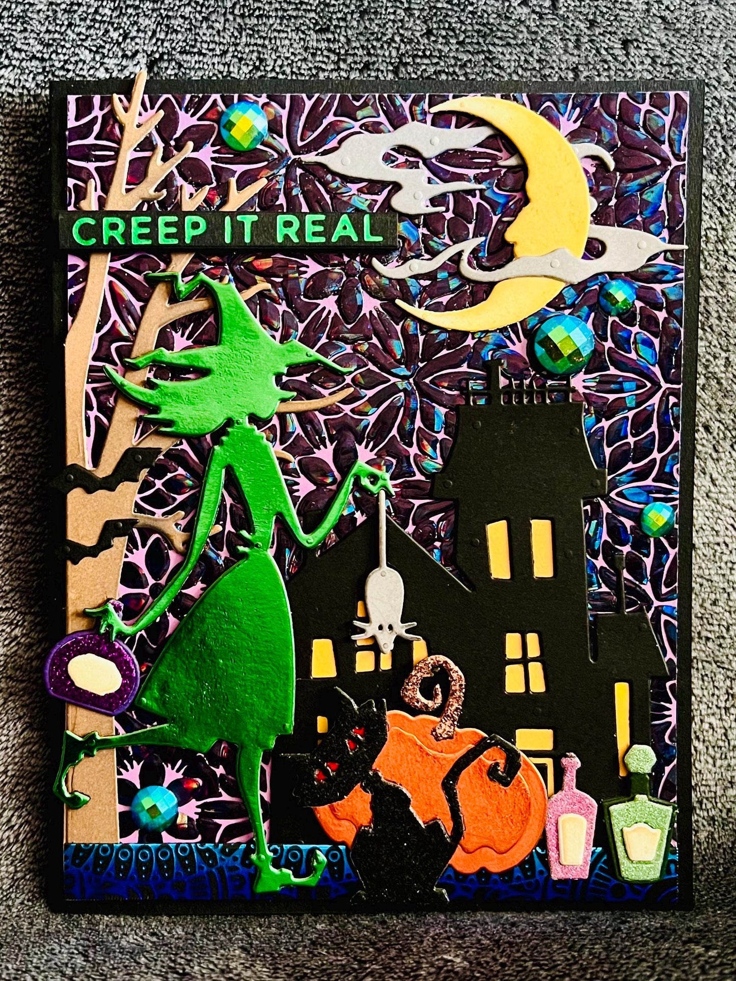 Green Witch Silhouette and Haunted Mansion Halloween Card