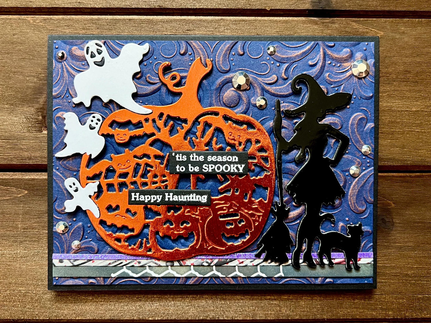 Orange Pumpkin, Witch Silhouette and Ghosts Halloween Card