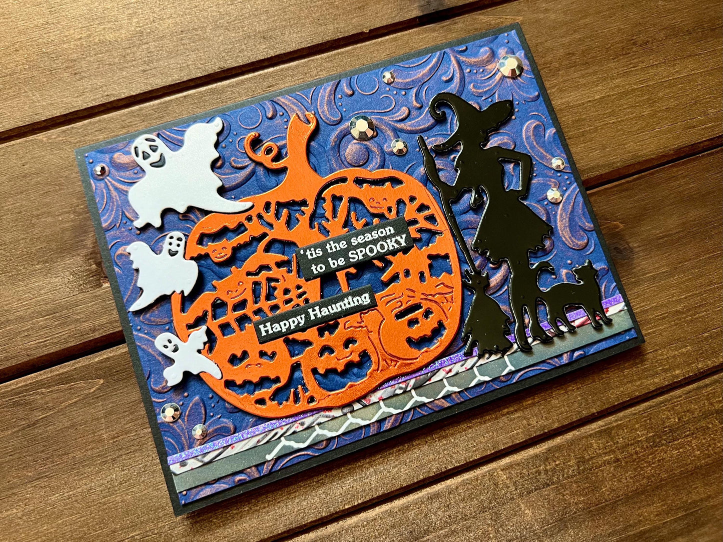 Orange Pumpkin, Witch Silhouette and Ghosts Halloween Card