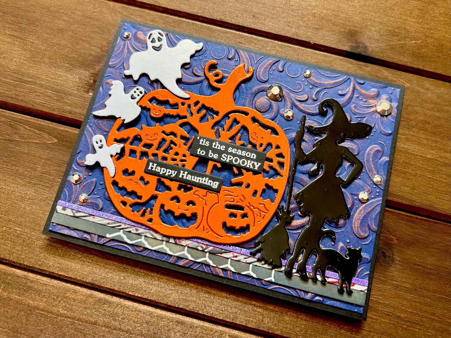 Orange Pumpkin, Witch Silhouette and Ghosts Halloween Card
