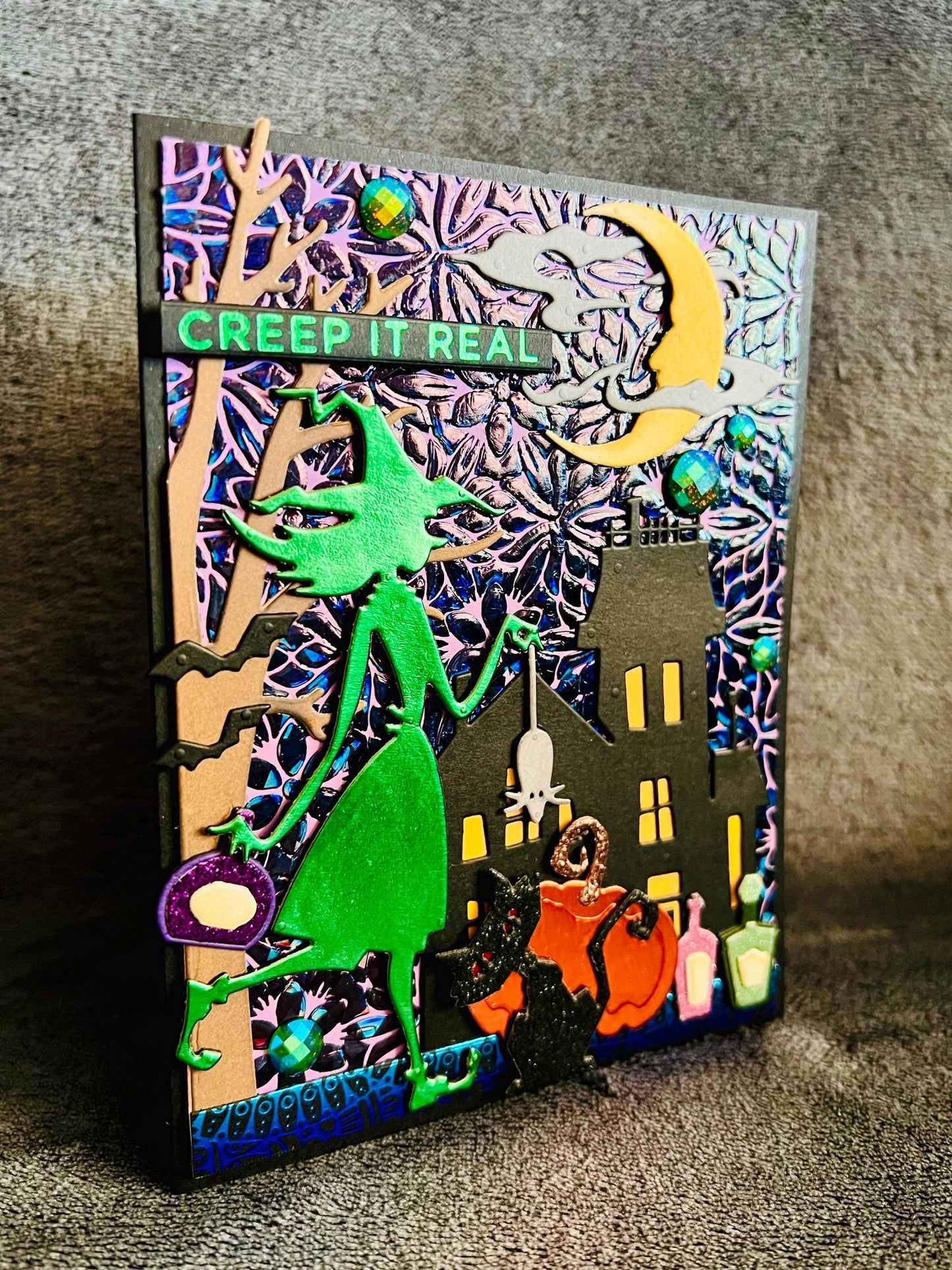 Green Witch Silhouette and Haunted Mansion Halloween Card