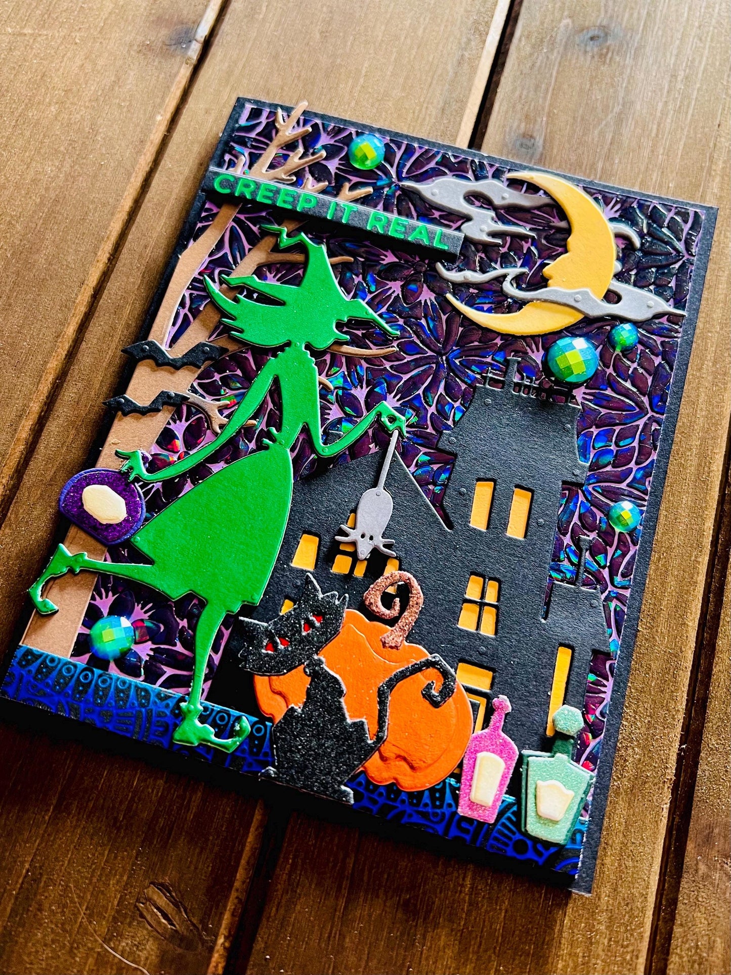 Green Witch Silhouette and Haunted Mansion Halloween Card