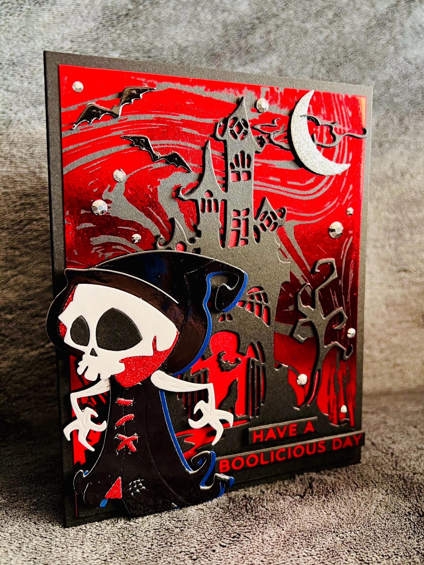 Skull Faced Grim Reaper Haunted Mansion Halloween Card