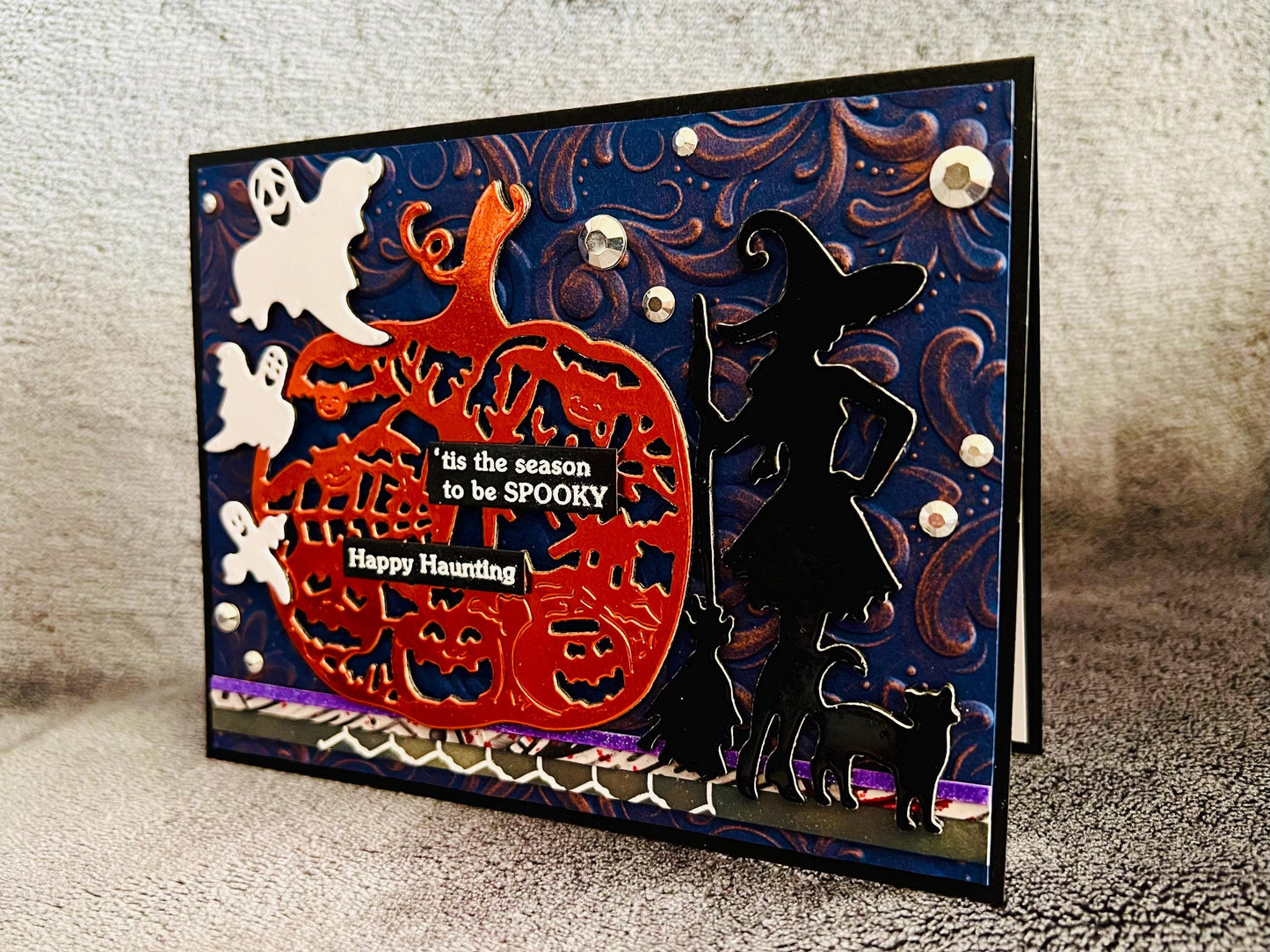 Orange Pumpkin, Witch Silhouette and Ghosts Halloween Card