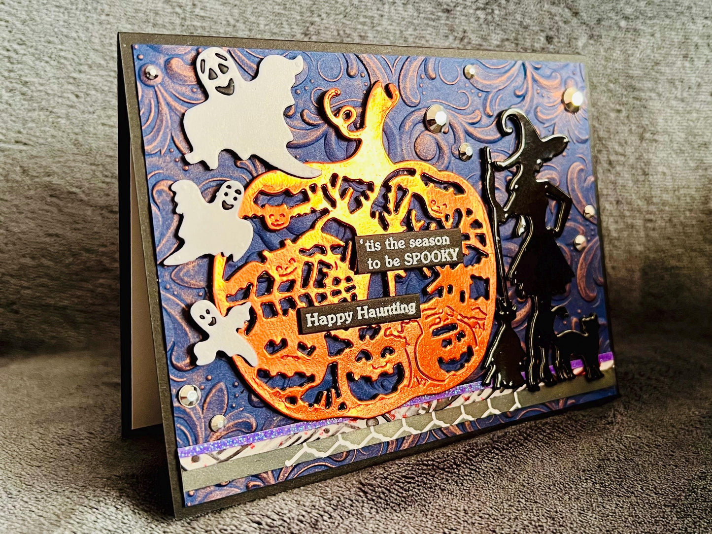 Orange Pumpkin, Witch Silhouette and Ghosts Halloween Card