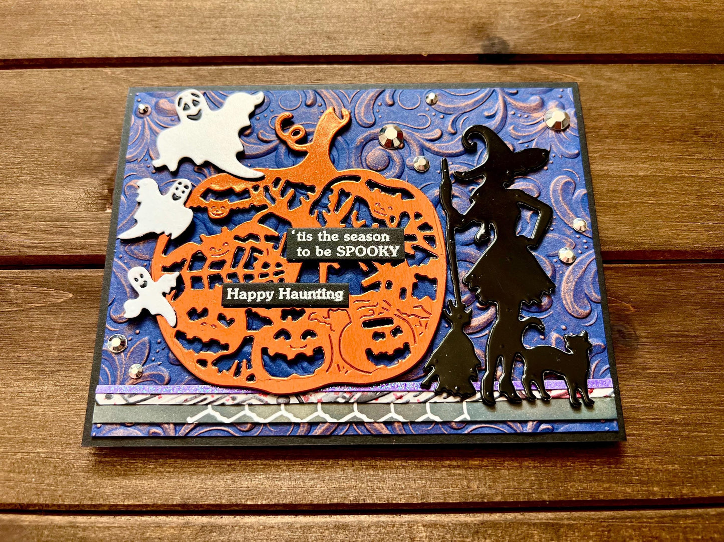 Orange Pumpkin, Witch Silhouette and Ghosts Halloween Card