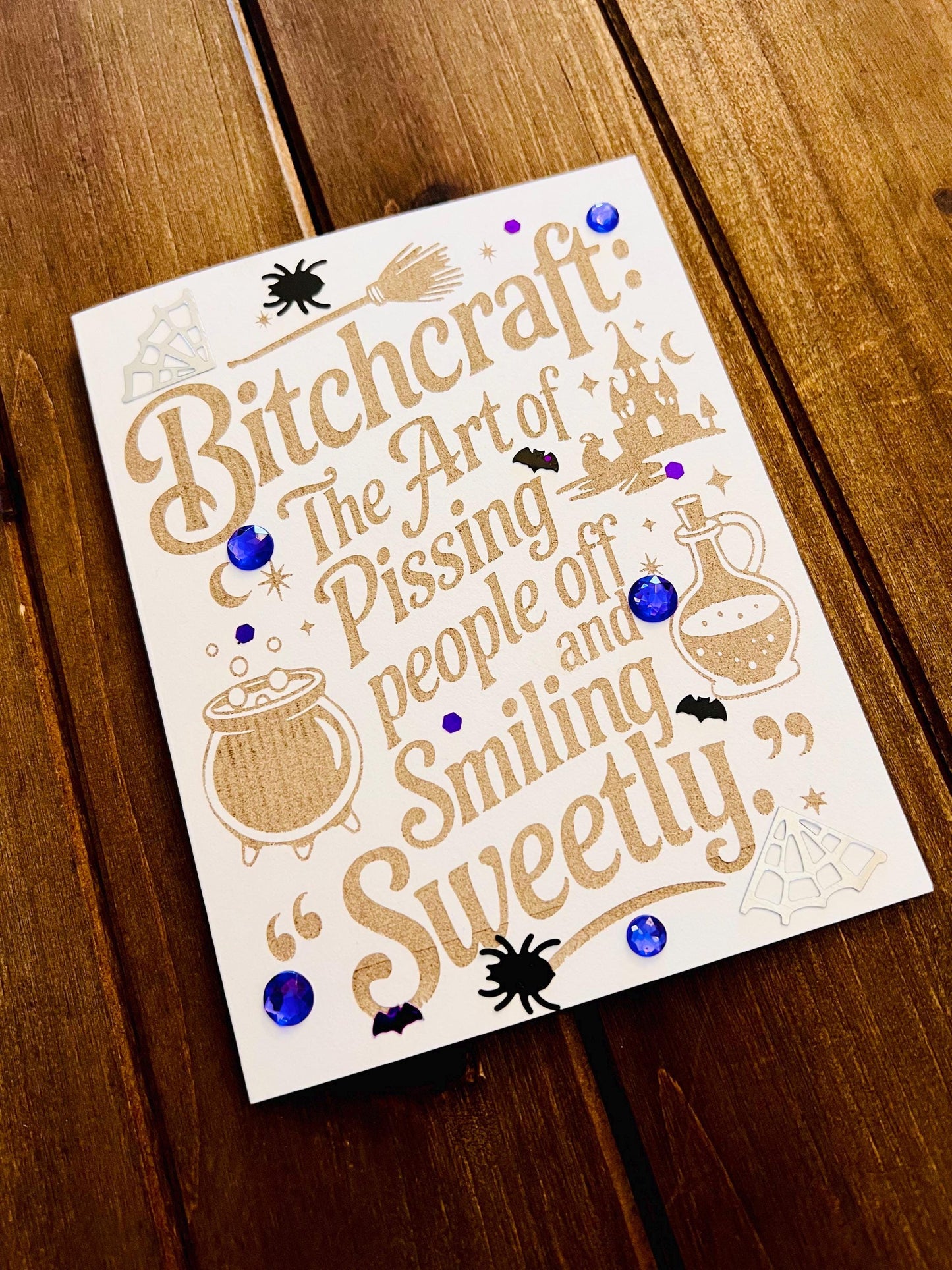 Bitchcraft Laser Etched Sentiment Halloween Card (With Purple Gems)