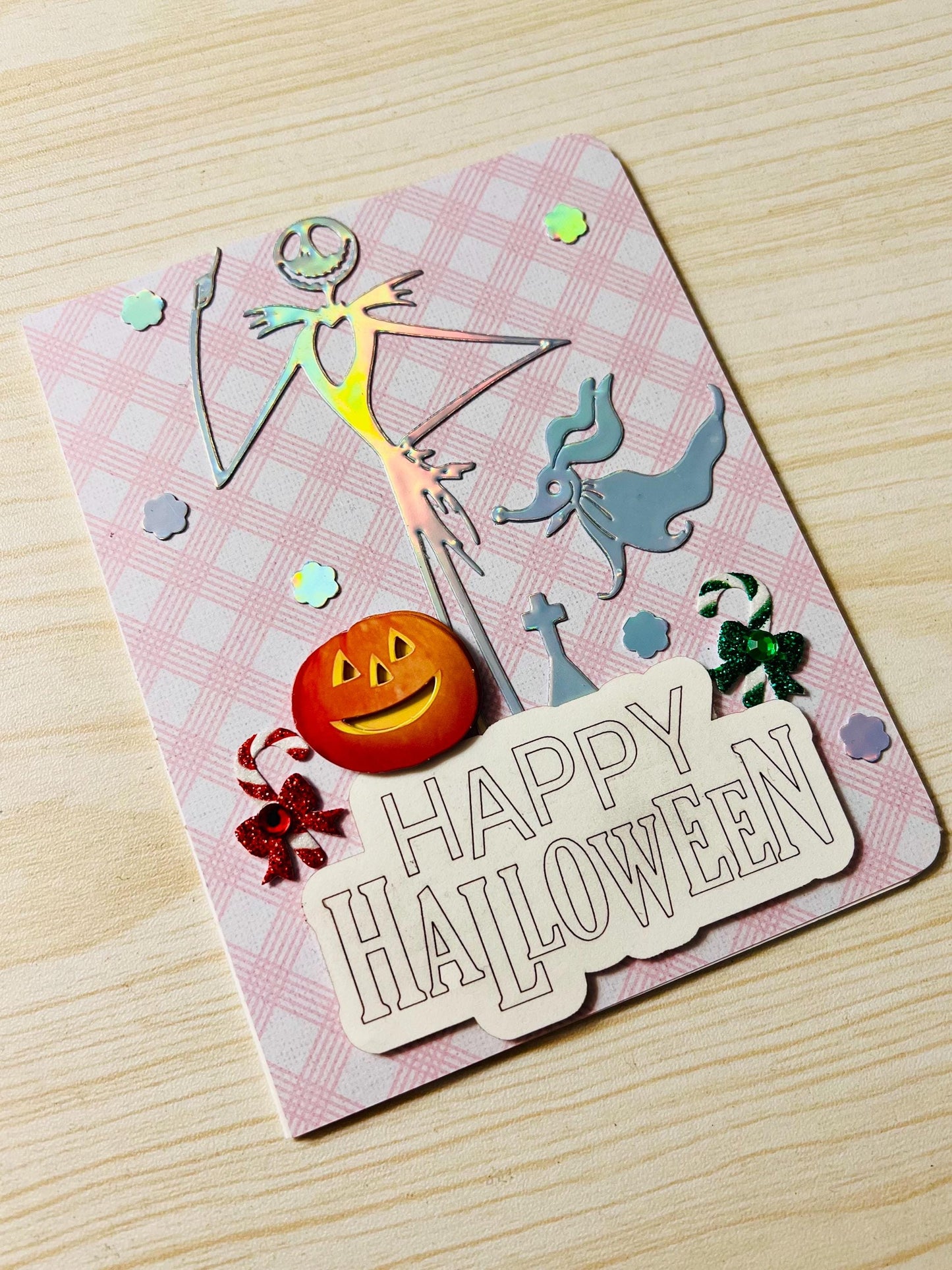 Holographic Skeleton Man and Ghost Dog Halloween Card