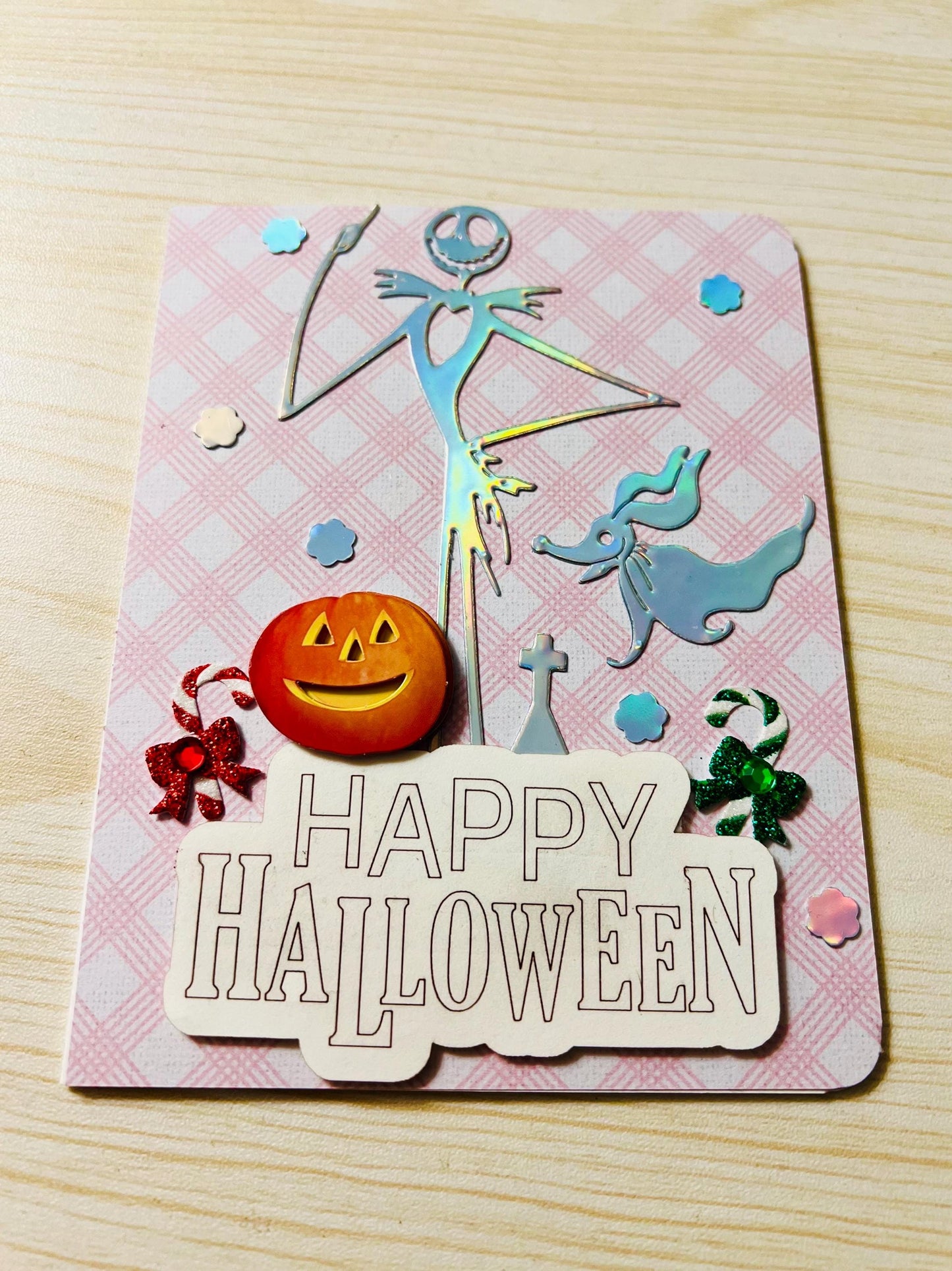 Holographic Skeleton Man and Ghost Dog Halloween Card