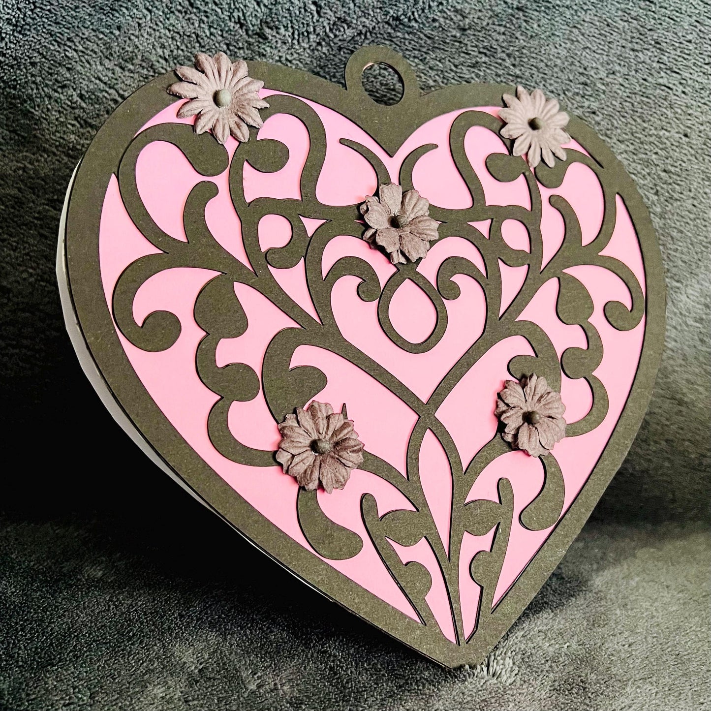 Black Filigree Heart with Gray Flowers Heart Shaped Blank Card