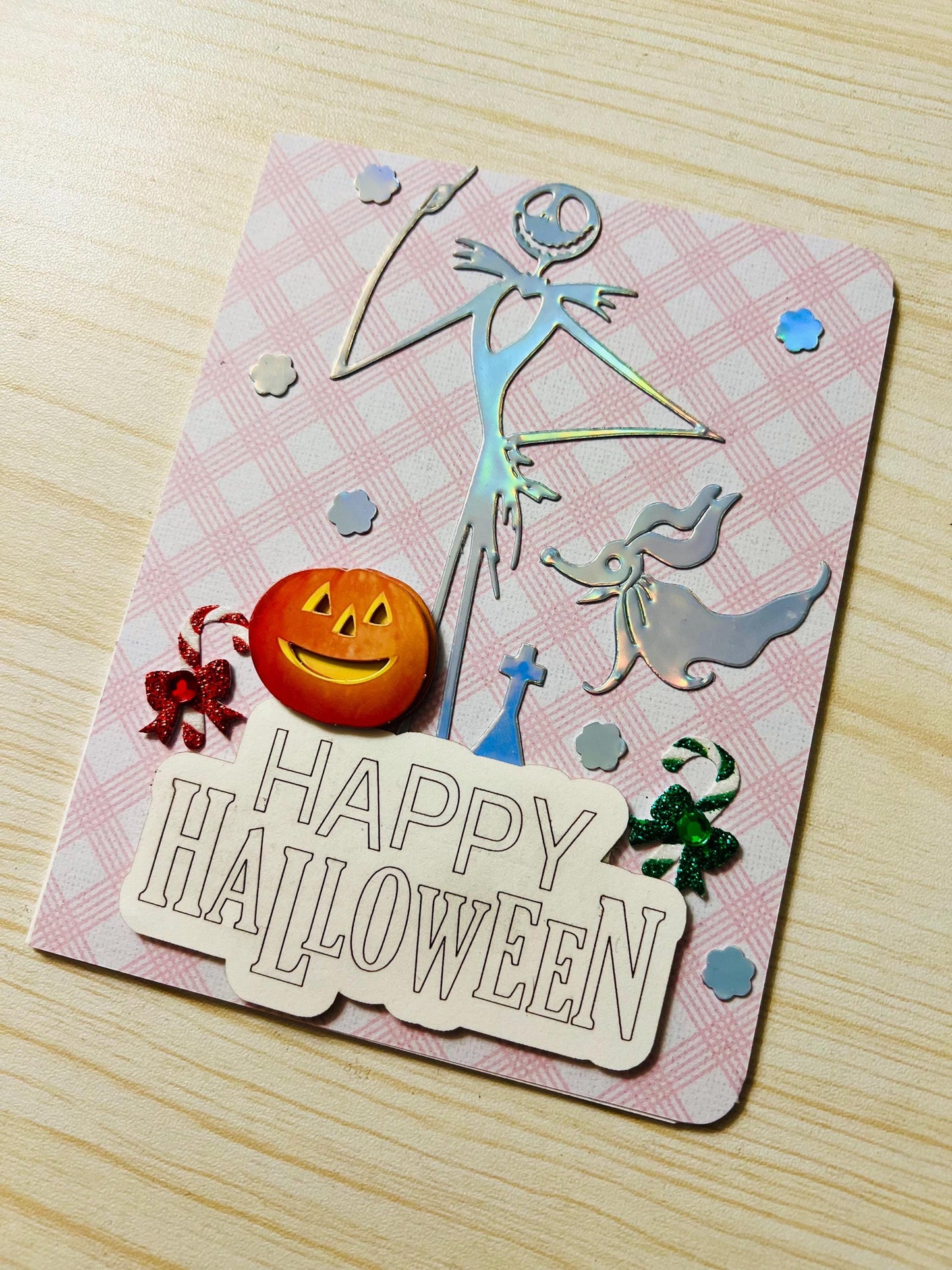 Holographic Skeleton Man and Ghost Dog Halloween Card