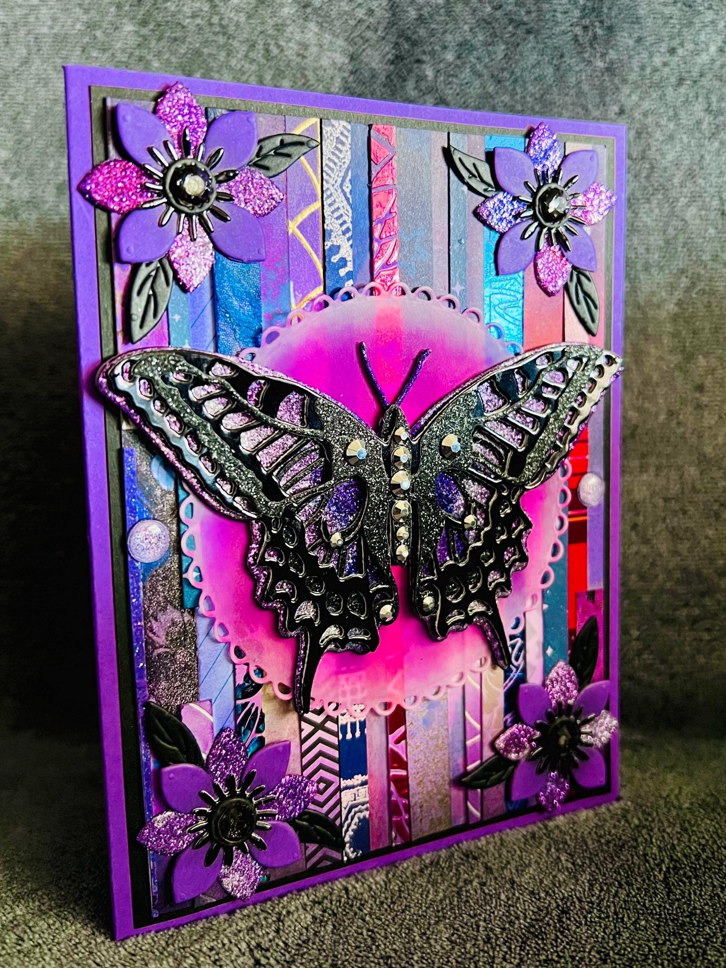 Black and Purple Swallowtail Butterfly Patterned Strip Background Blank Card