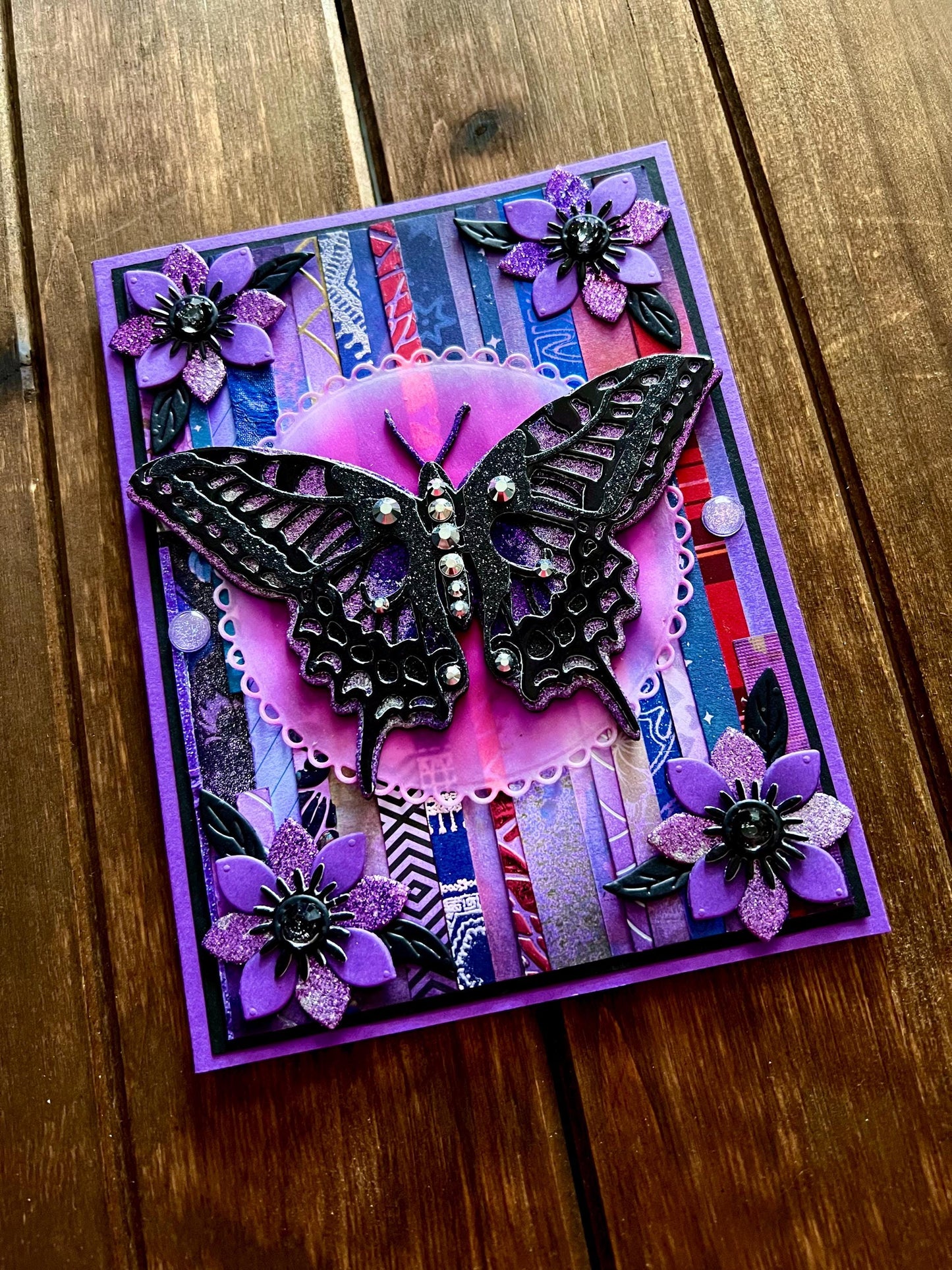 Black and Purple Swallowtail Butterfly Patterned Strip Background Blank Card