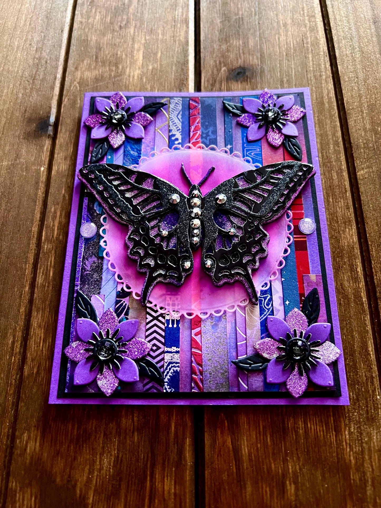 Black and Purple Swallowtail Butterfly Patterned Strip Background Blank Card