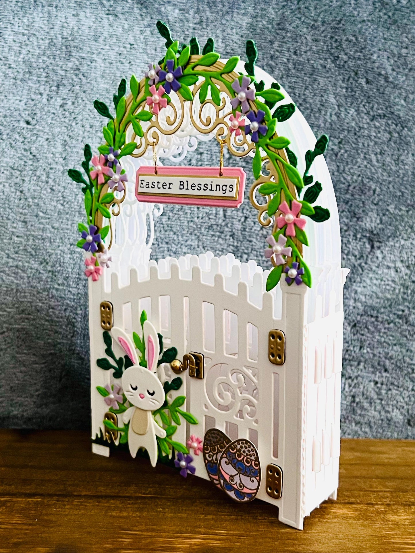3D Garden Gate with Bunny Easter Blessings Vignette with Blank Card Insert - A Whimsical Holiday Scene with Playful Bunny Design for Spring