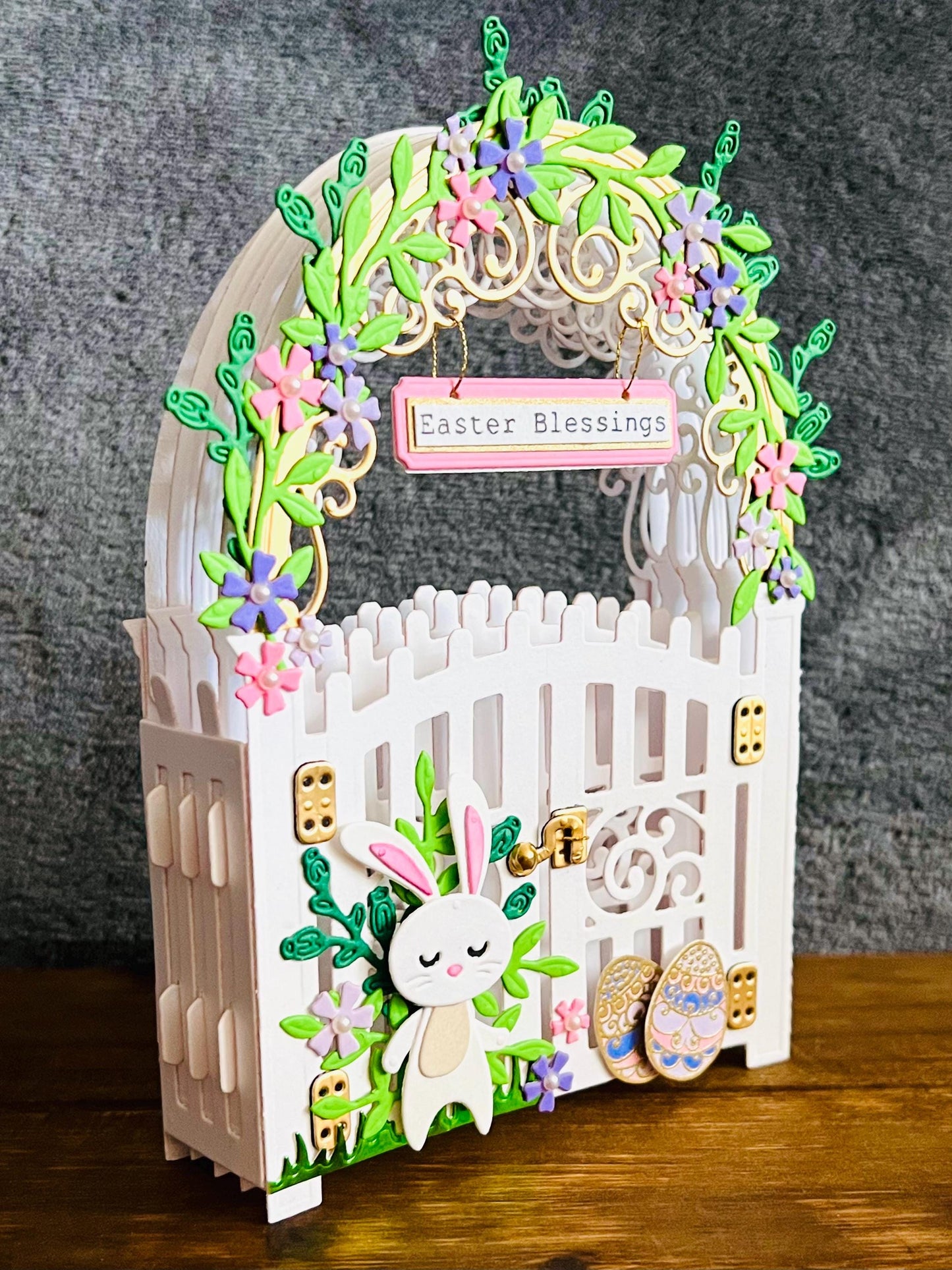 3D Garden Gate with Bunny Easter Blessings Vignette with Blank Card Insert - A Whimsical Holiday Scene with Playful Bunny Design for Spring