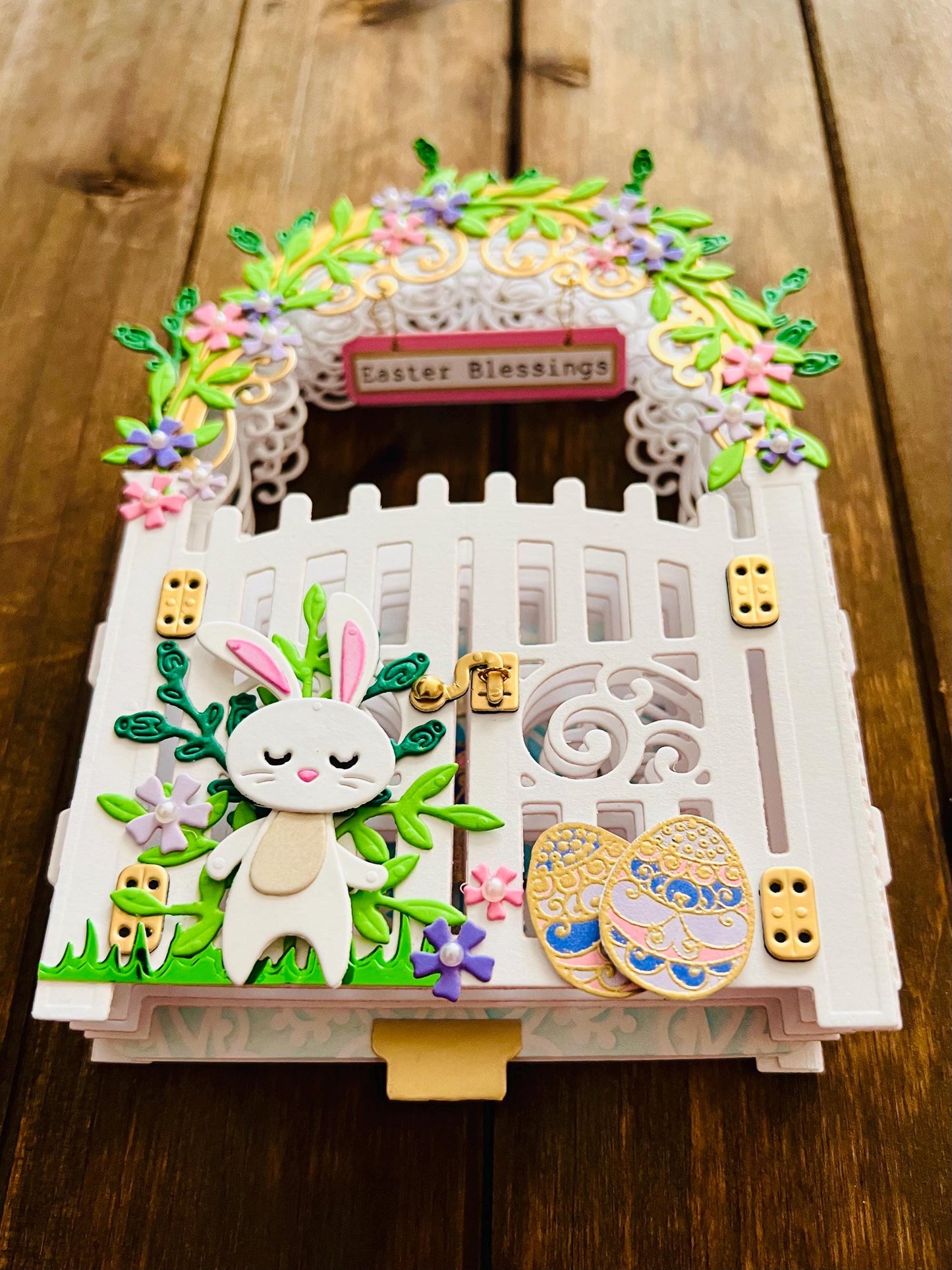 3D Garden Gate with Bunny Easter Blessings Vignette with Blank Card Insert - A Whimsical Holiday Scene with Playful Bunny Design for Spring