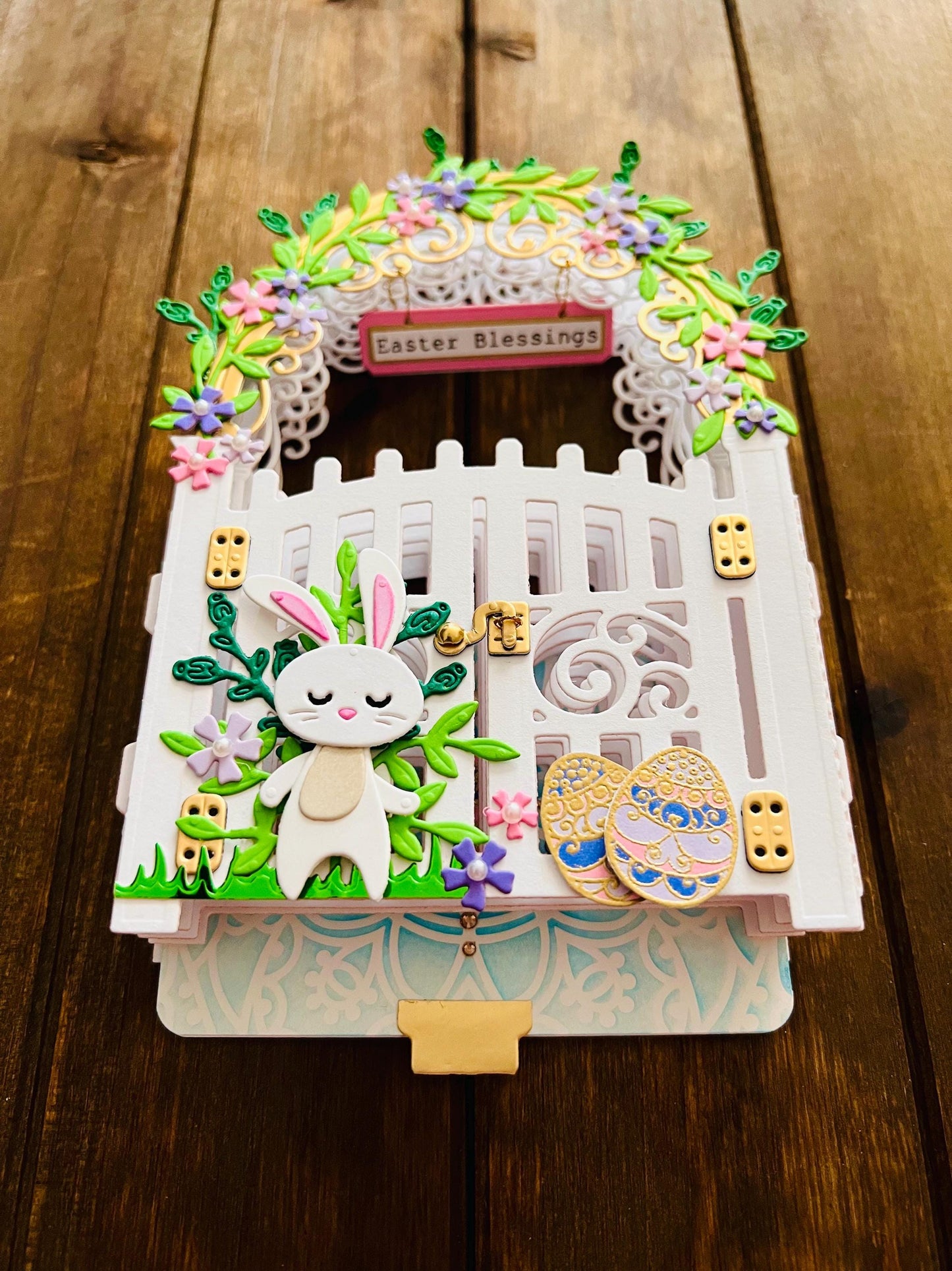 3D Garden Gate with Bunny Easter Blessings Vignette with Blank Card Insert - A Whimsical Holiday Scene with Playful Bunny Design for Spring