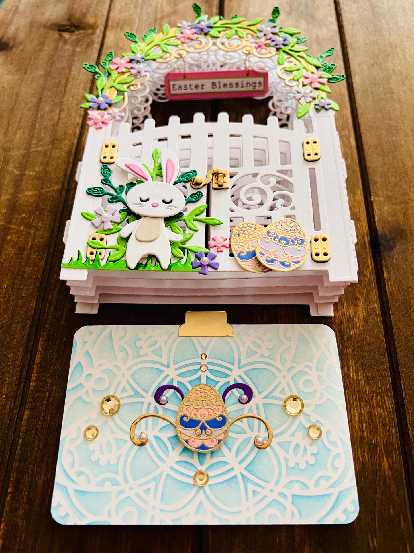 3D Garden Gate with Bunny Easter Blessings Vignette with Blank Card Insert - A Whimsical Holiday Scene with Playful Bunny Design for Spring