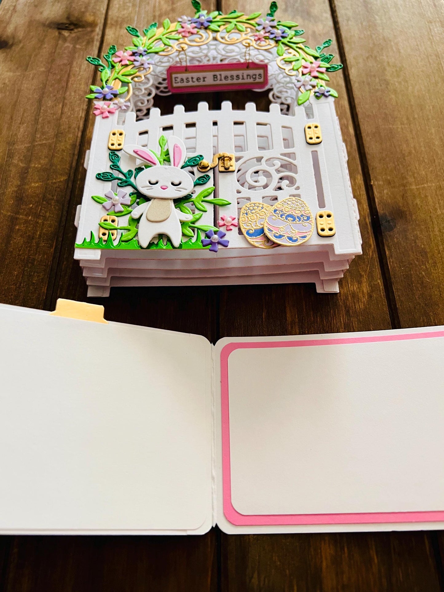 3D Garden Gate with Bunny Easter Blessings Vignette with Blank Card Insert - A Whimsical Holiday Scene with Playful Bunny Design for Spring