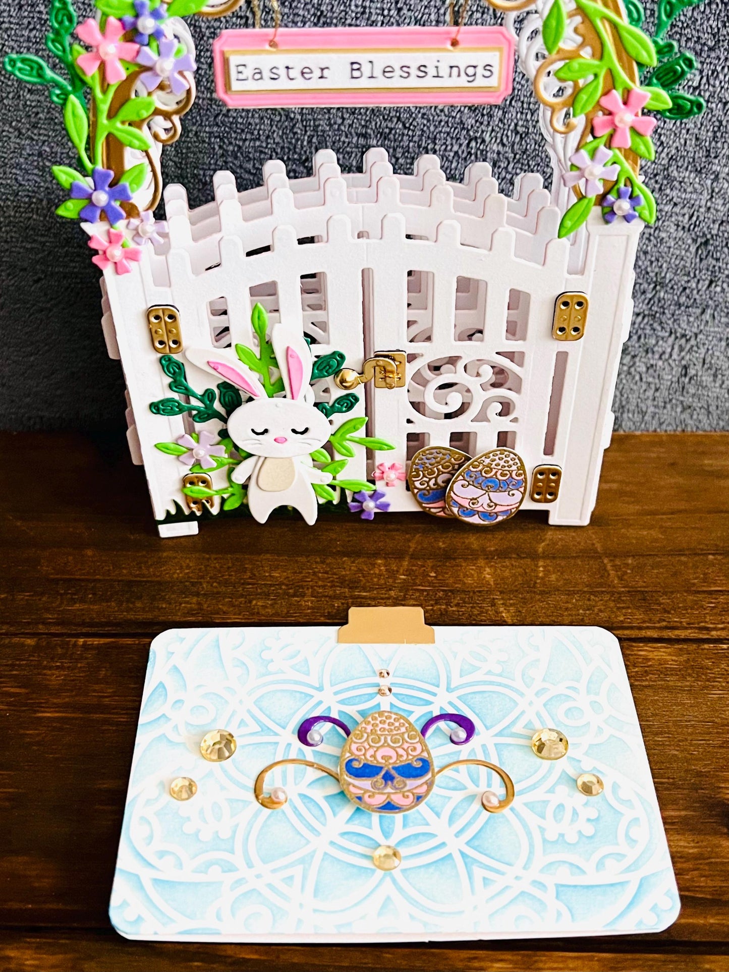 3D Garden Gate with Bunny Easter Blessings Vignette with Blank Card Insert - A Whimsical Holiday Scene with Playful Bunny Design for Spring