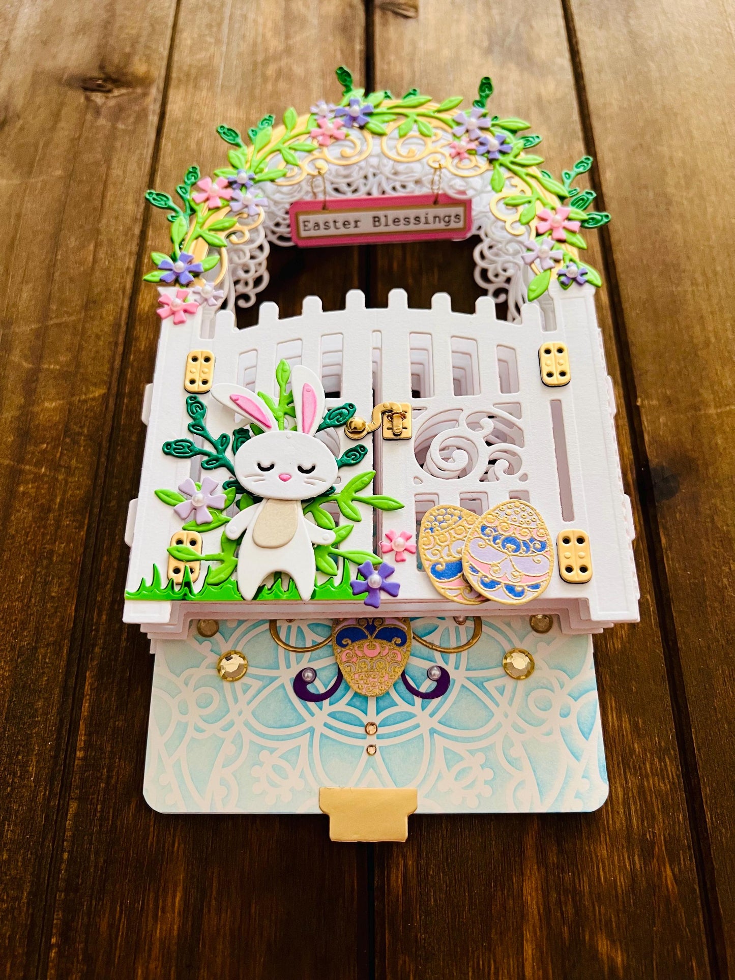3D Garden Gate with Bunny Easter Blessings Vignette with Blank Card Insert - A Whimsical Holiday Scene with Playful Bunny Design for Spring