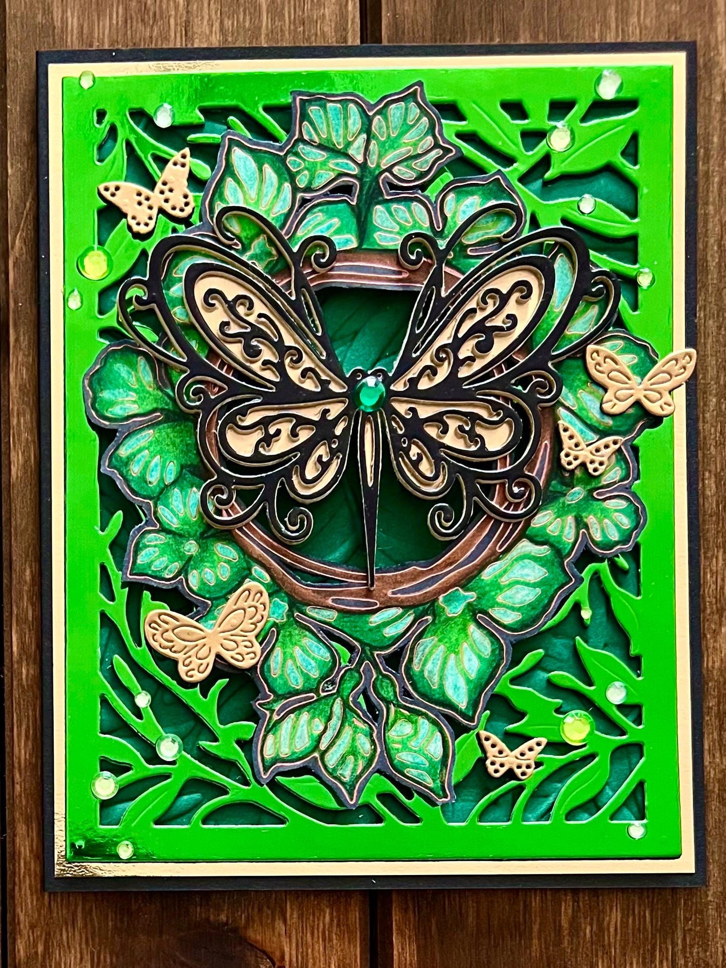 Black and Gold Butterflies with Green Foliage Blank Card