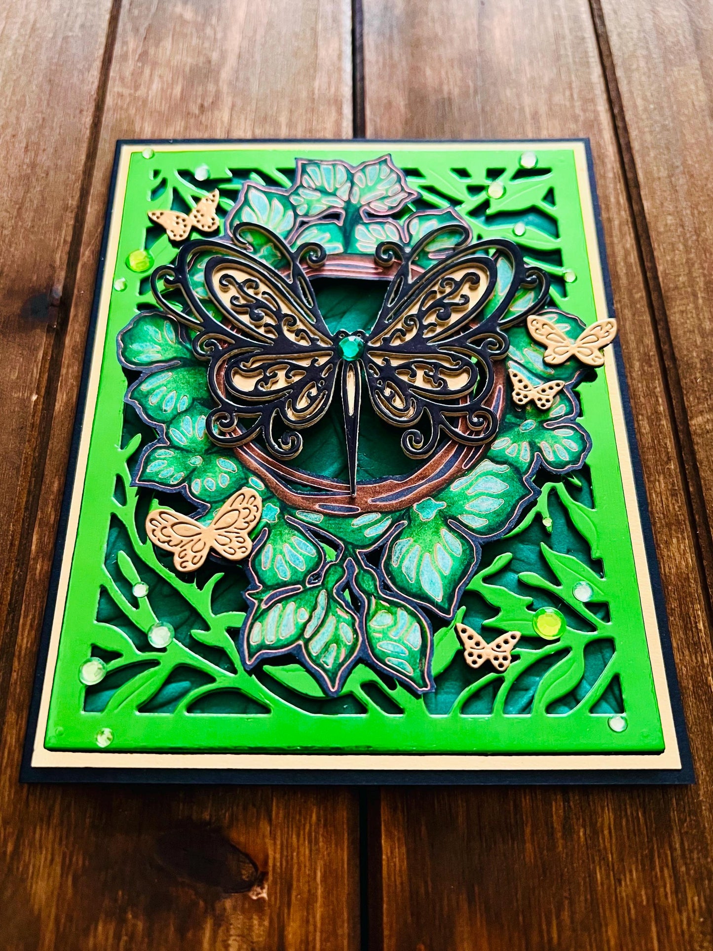Black and Gold Butterflies with Green Foliage Blank Card