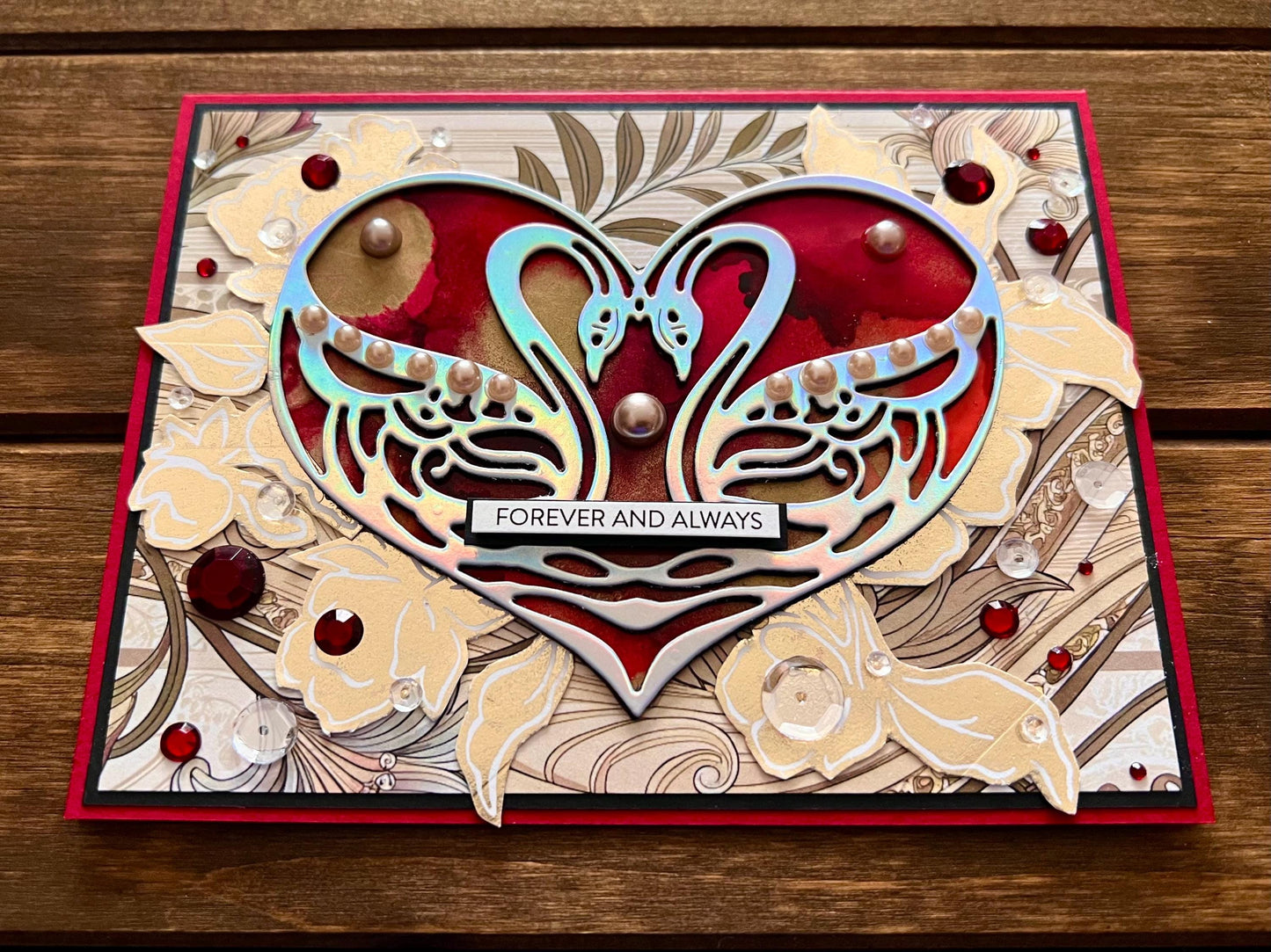 Holographic Swan Love Card: Red Alcohol Ink Heart, Wedding Occasion