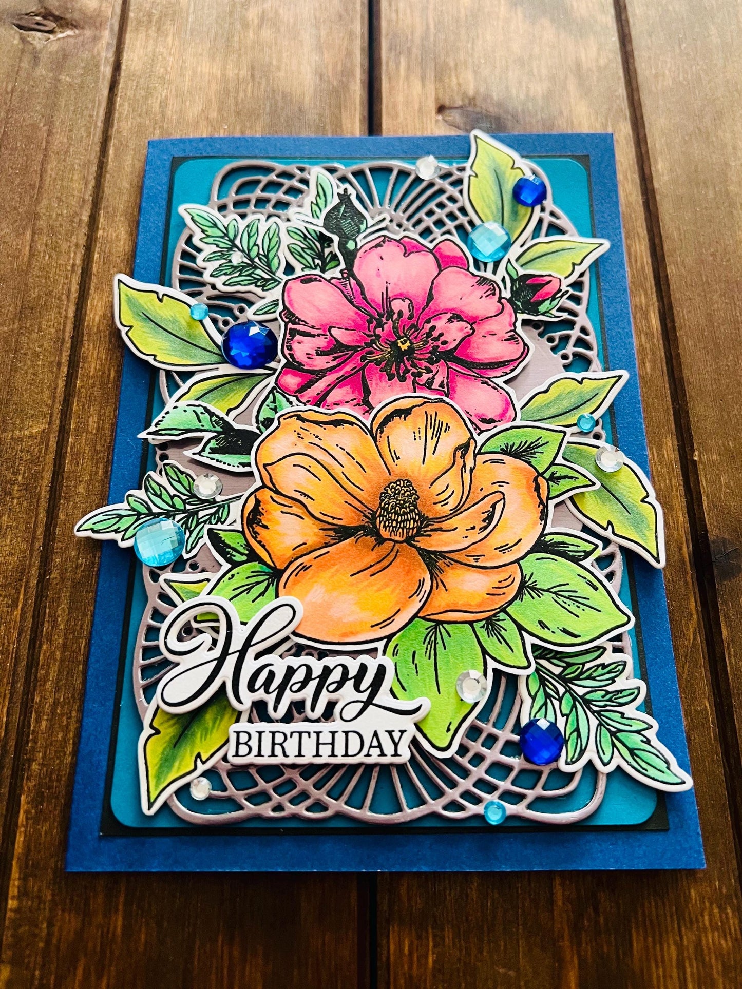 Orange Magnolia & Pink Rose Birthday Card – Floral Greeting | 4.5x6.5 Folded Card with Envelope Included