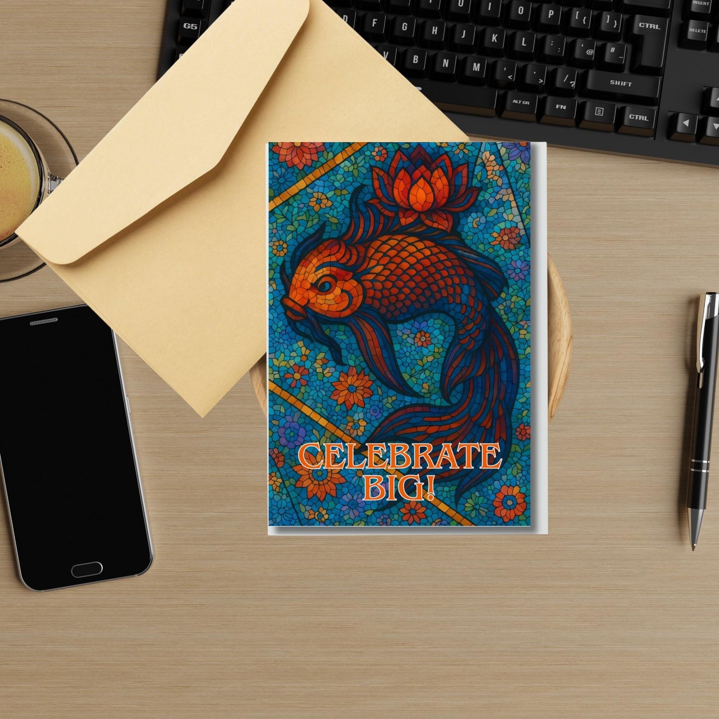 Koi Fish Greeting Card: Vibrant Japanese Design, 4x6 Folded Card